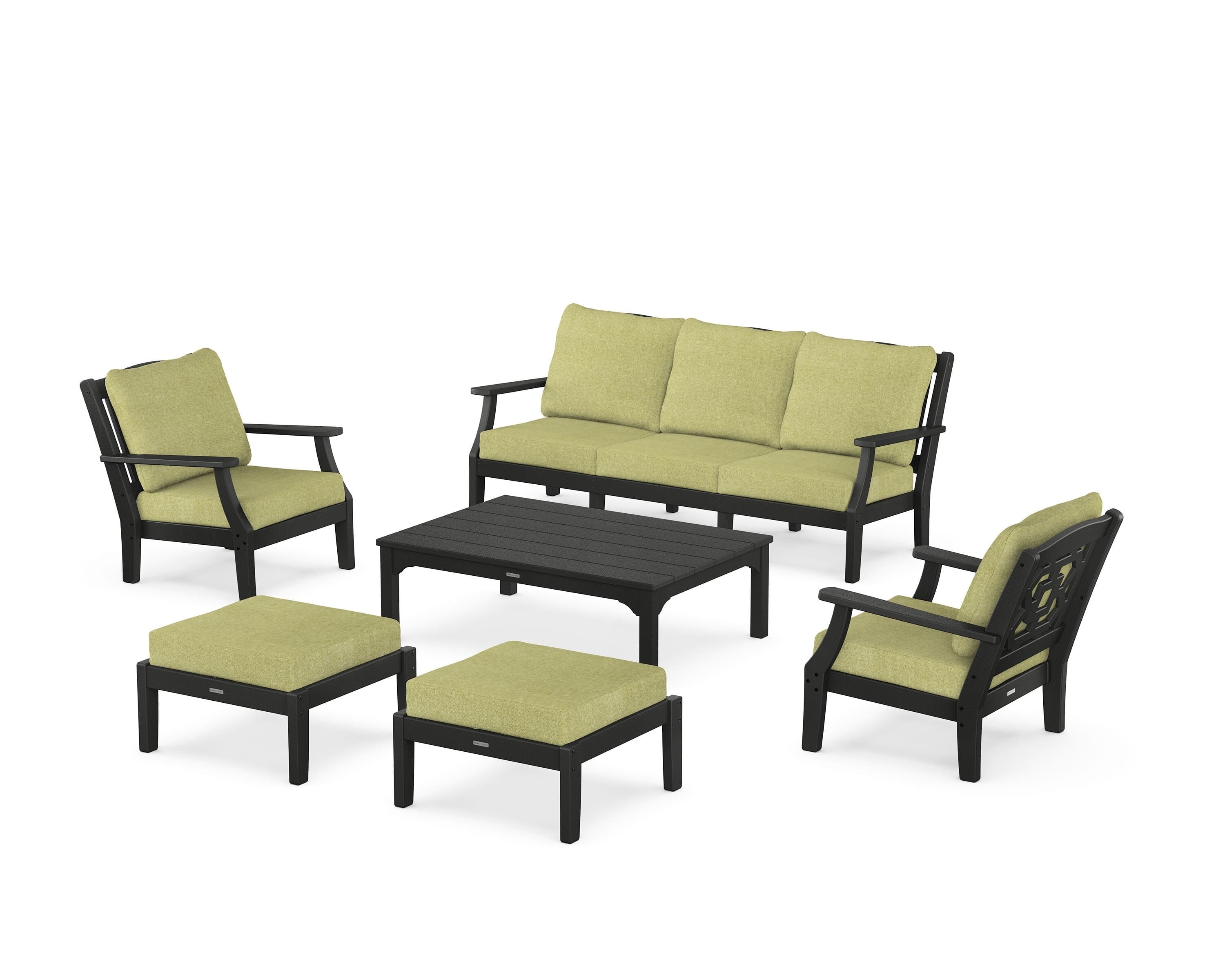 Martha Stewart by POLYWOOD Chinoiserie 6-Piece Lounge Sofa Set in Black / Chartreuse Boucle