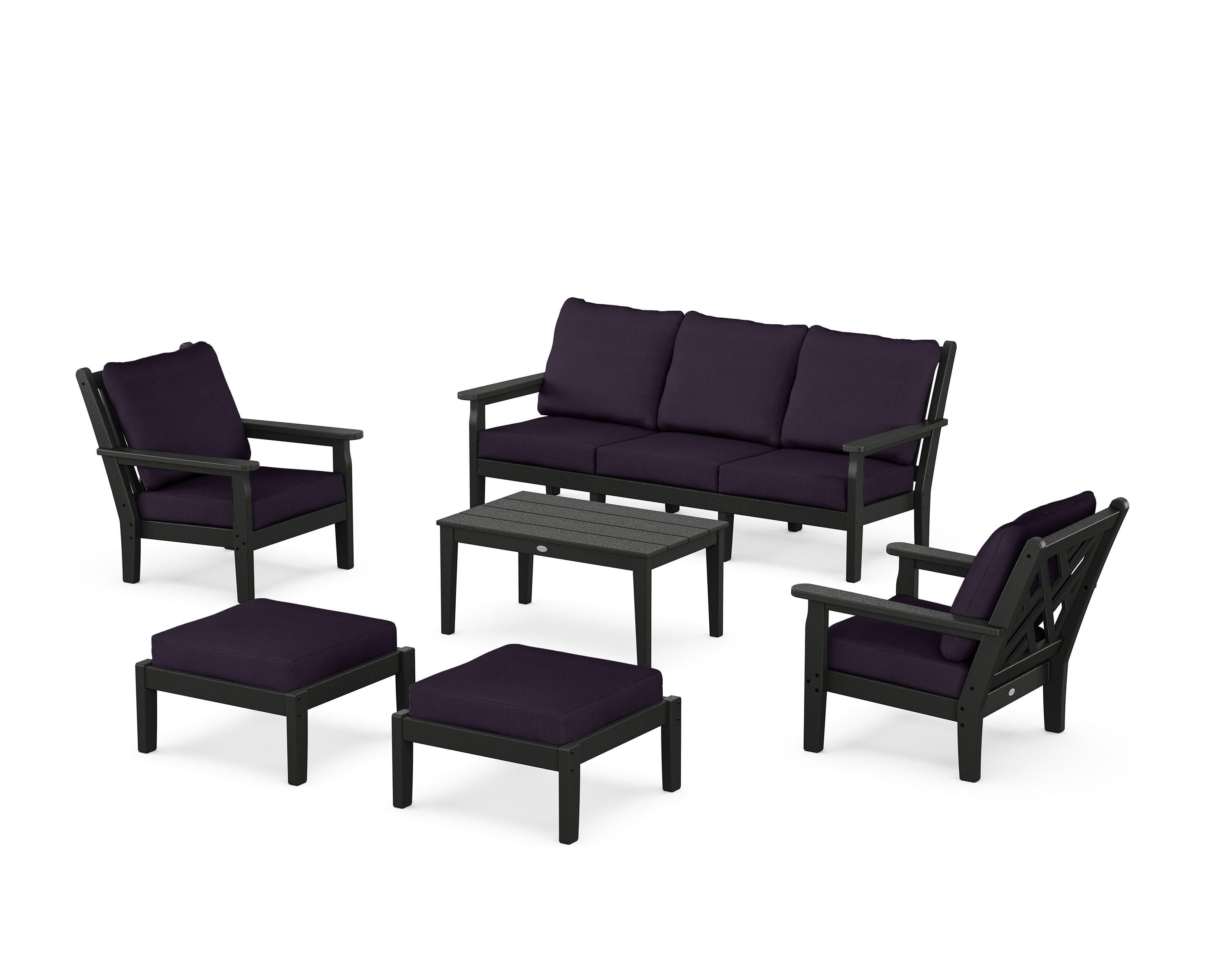 POLYWOOD Chippendale 6-Piece Lounge Sofa Set in Black / Navy Linen