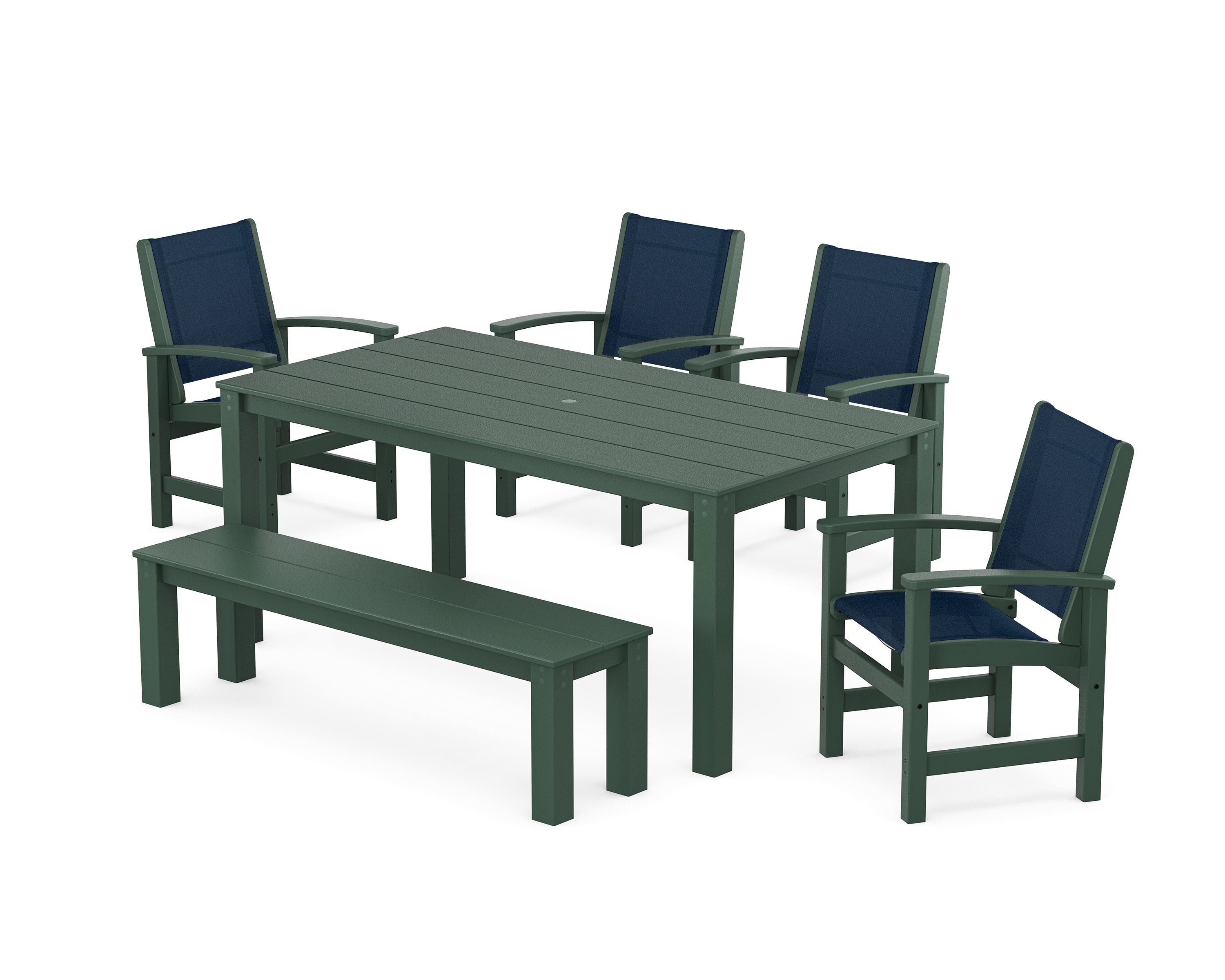 POLYWOOD Coastal 6-Piece Parsons Dining Set with Bench in Green / Navy Blue Sling