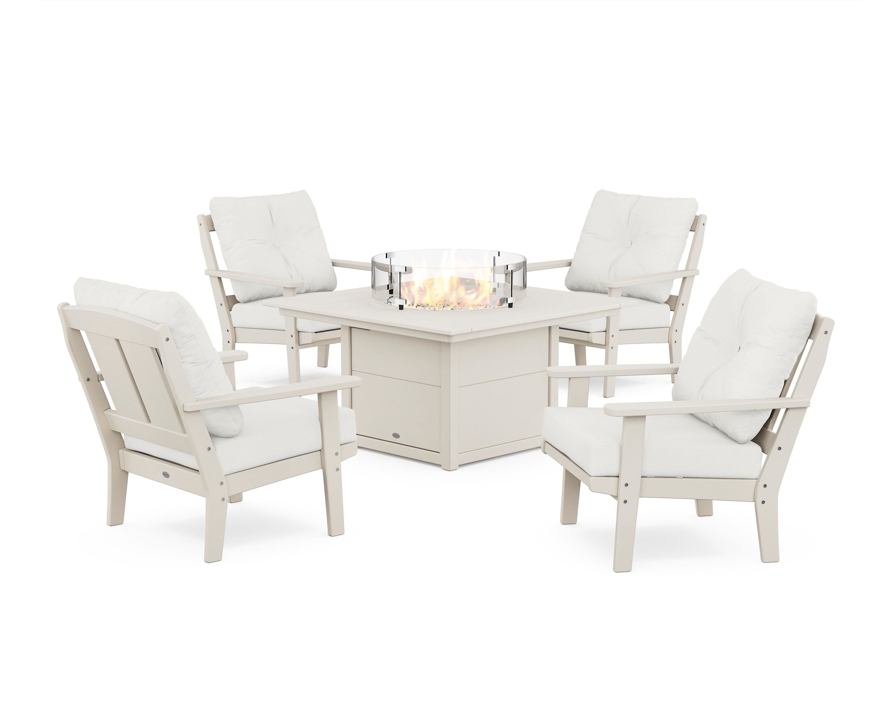 POLYWOOD Mission 5-Piece Deep Seating Set with Fire Pit Table in Sand / Natural Linen