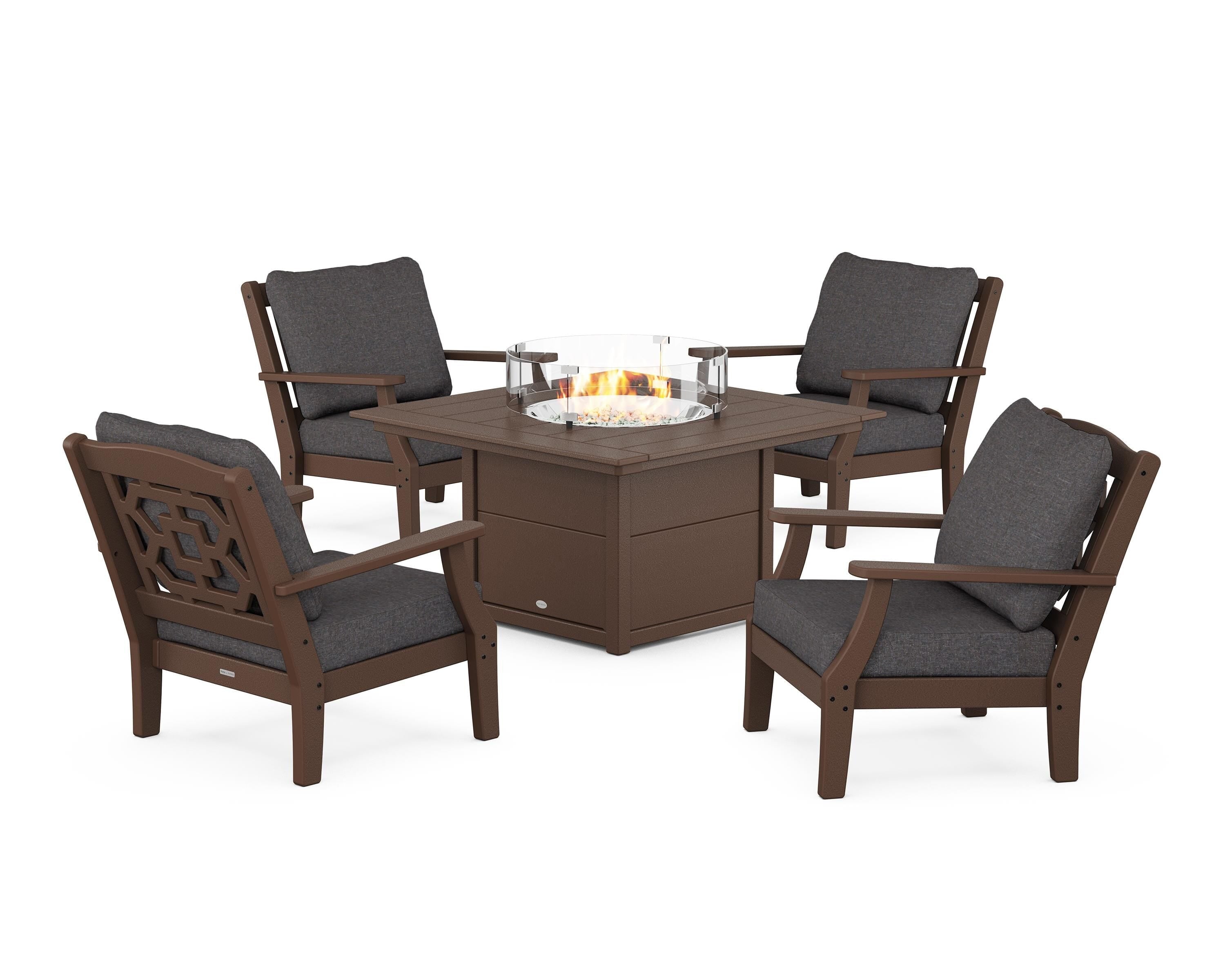 Martha Stewart by POLYWOOD Chinoiserie 5-Piece Deep Seating Set with Fire Pit Table in Mahogany / Ash Charcoal