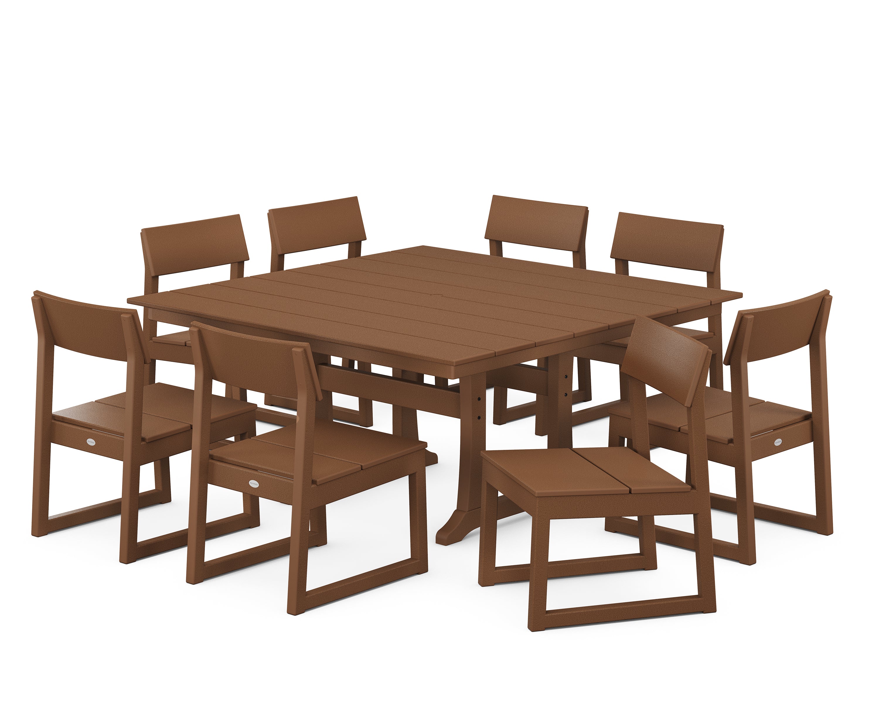 POLYWOOD EDGE 9-Piece Farmhouse Trestle Dining Set in Teak