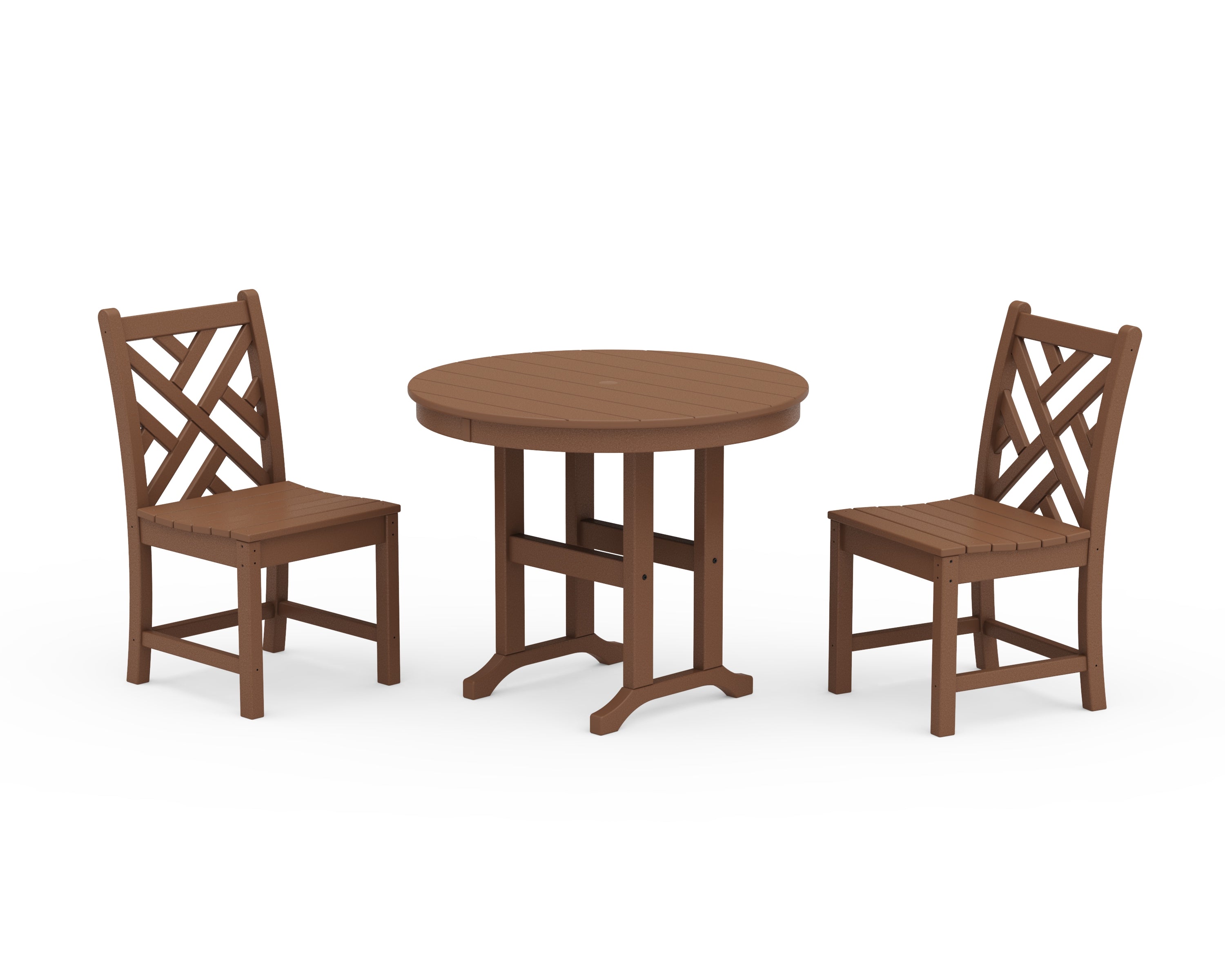 POLYWOOD Chippendale Side Chair 3-Piece Round Dining Set in Teak