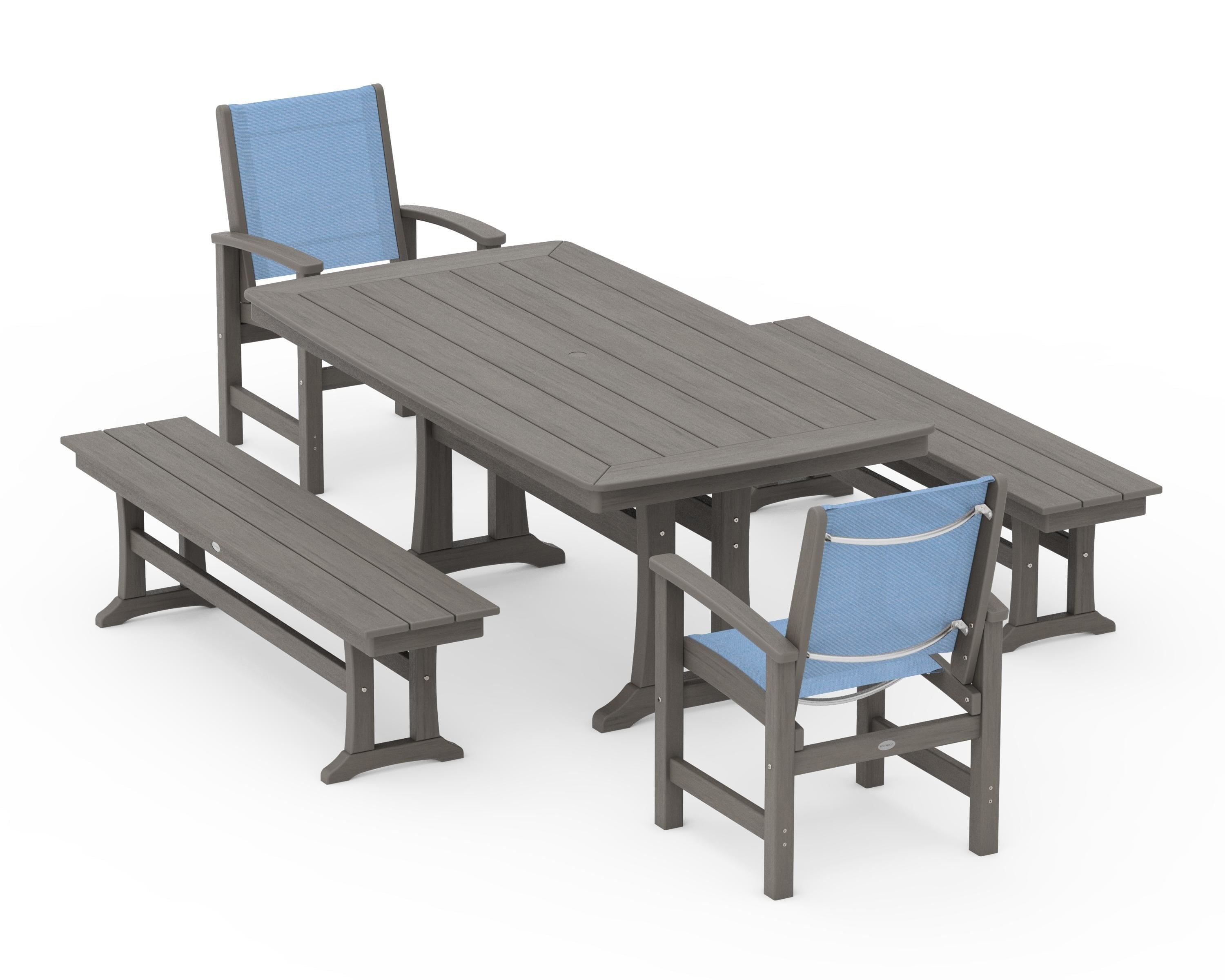 POLYWOOD Coastal 5-Piece Dining Set with Trestle Legs and Benches in Driftwood / Poolside Sling
