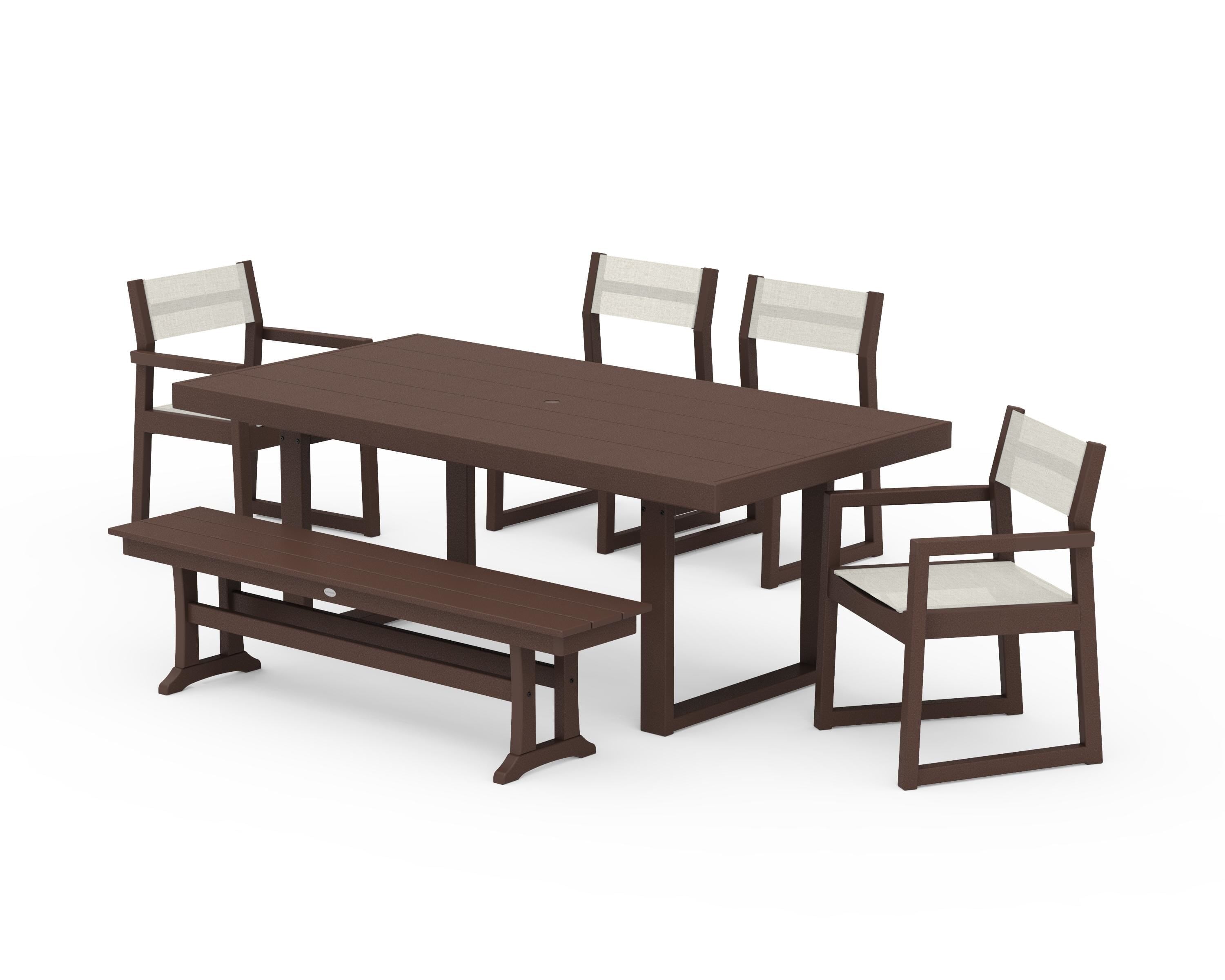 POLYWOOD EDGE Sling 6-Piece Dining Set with Bench in Mahogany / Parchment Sling