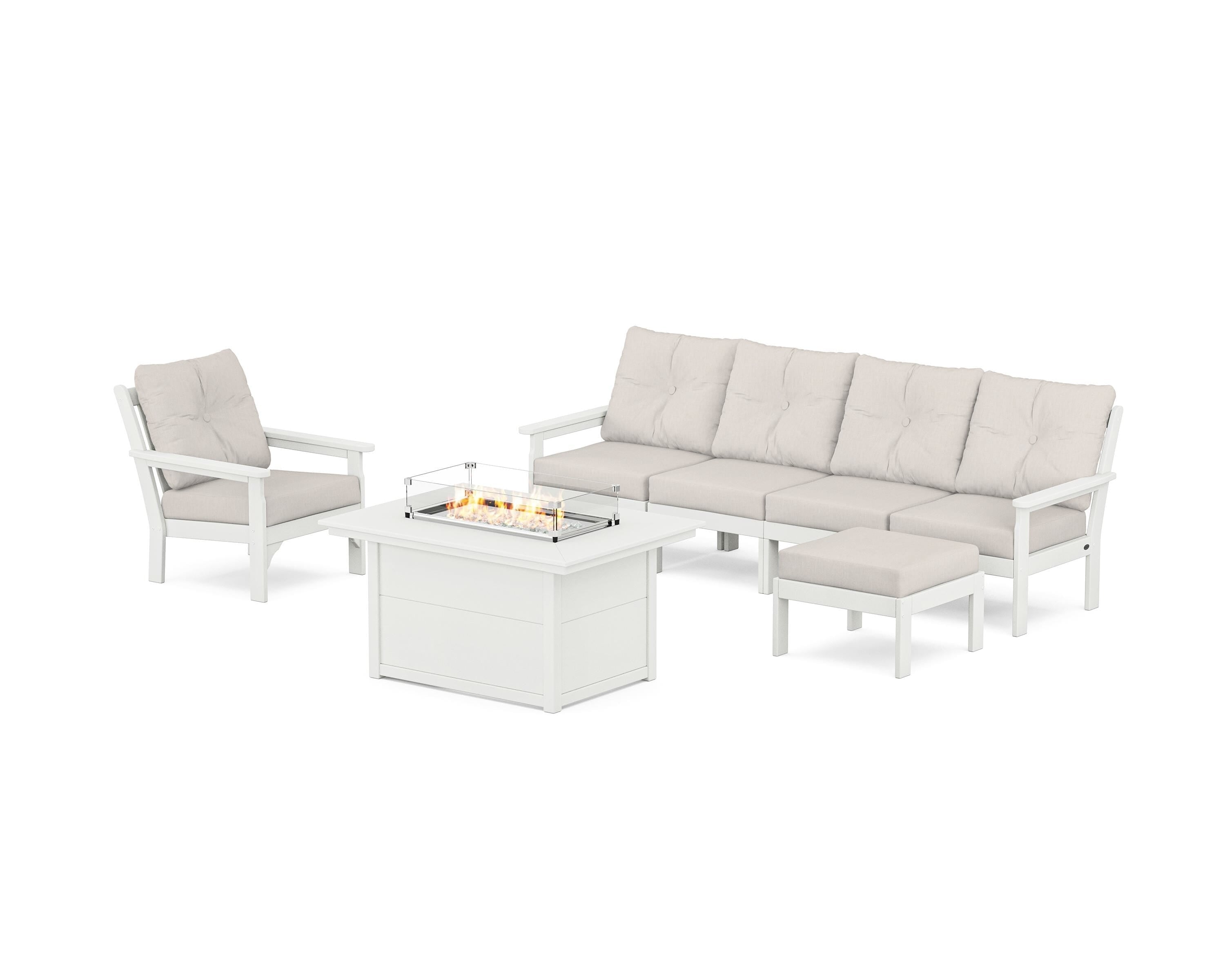 POLYWOOD Vineyard Sectional Lounge and Fire Pit Set in Vintage White / Cast Ash