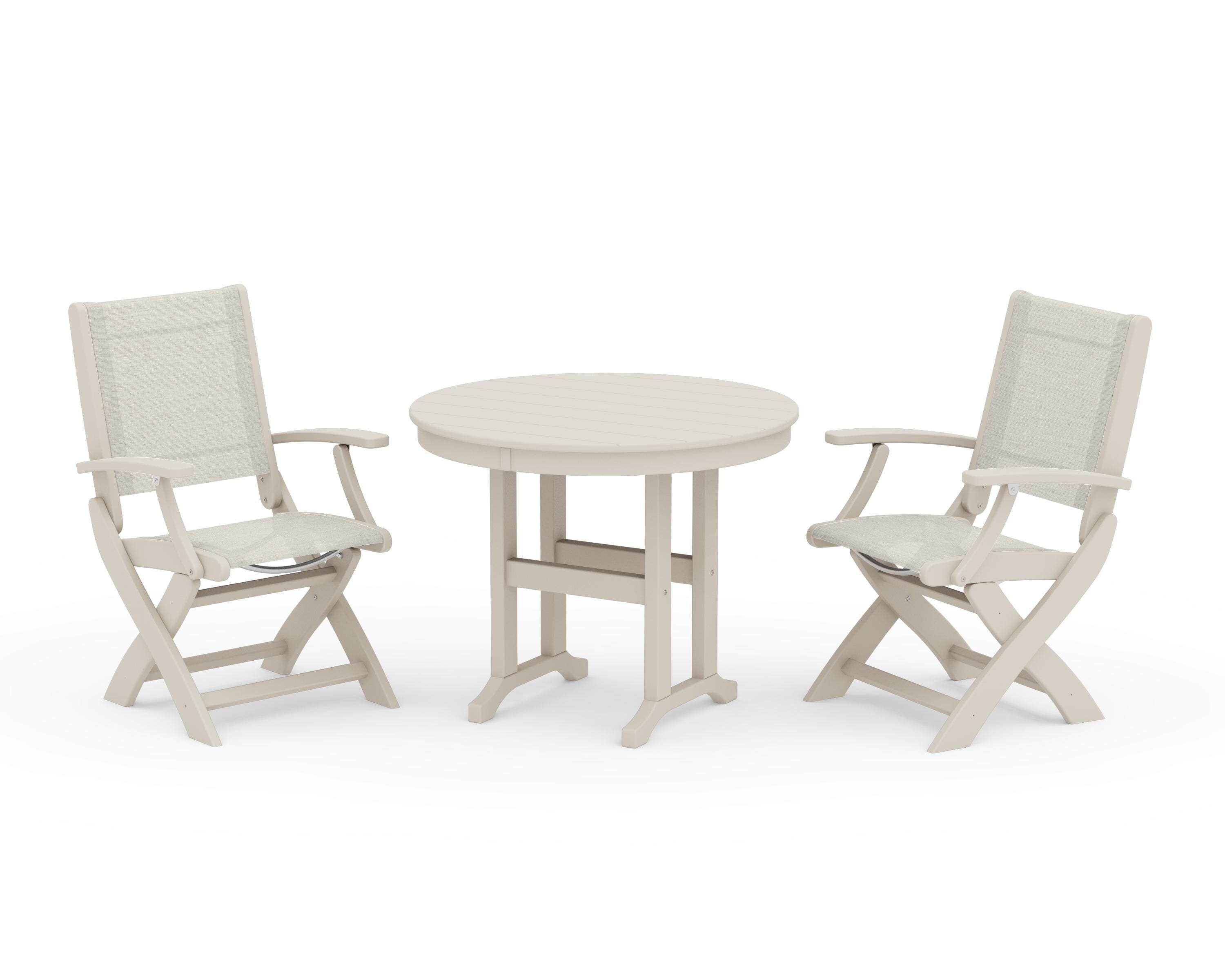 POLYWOOD Coastal Folding Chair 3-Piece Round Dining Set in Sand / Parchment Sling