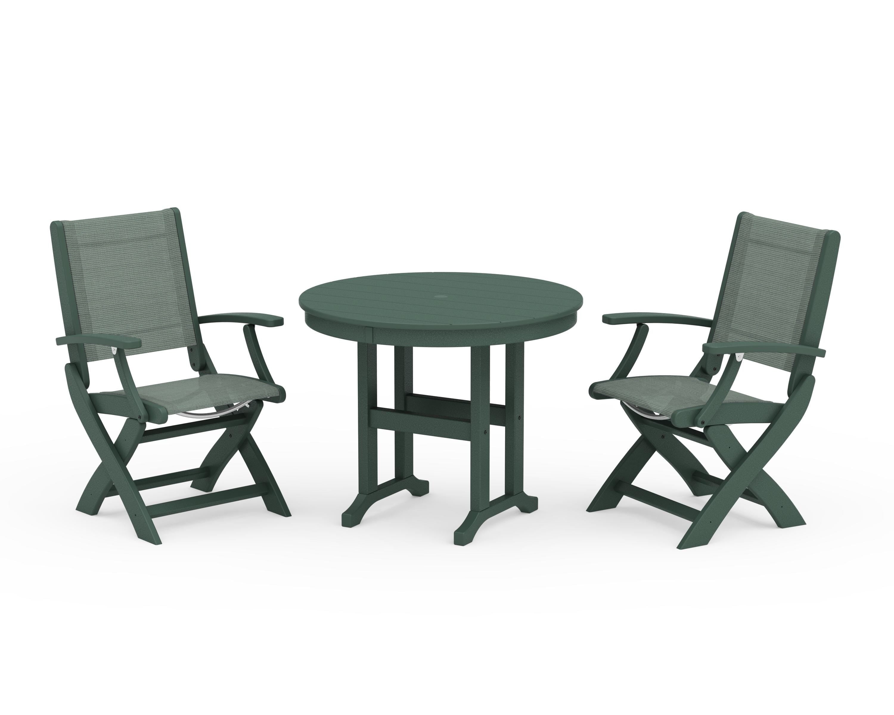 POLYWOOD Coastal Folding Chair 3-Piece Round Dining Set in Green / Dupioni Sea Mist Sling