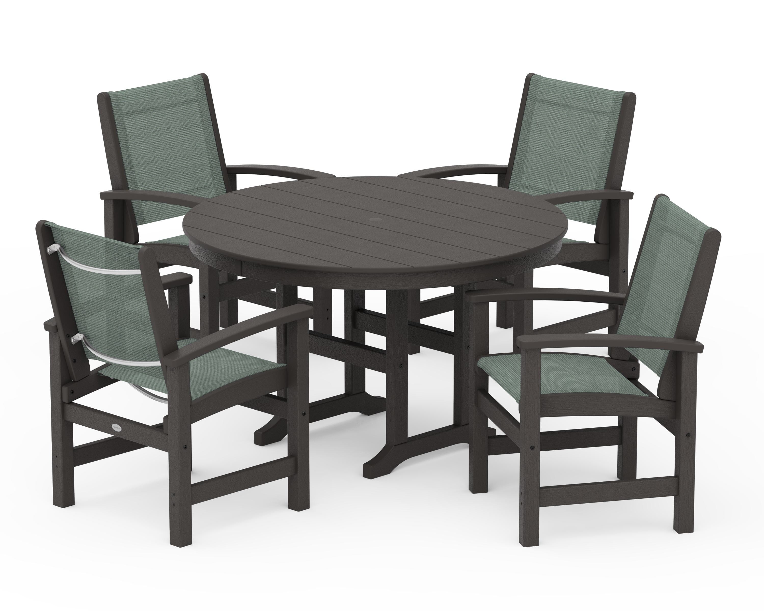 POLYWOOD Coastal 5-Piece Round Farmhouse Dining Set in Vintage Coffee / Dupioni Sea Mist Sling