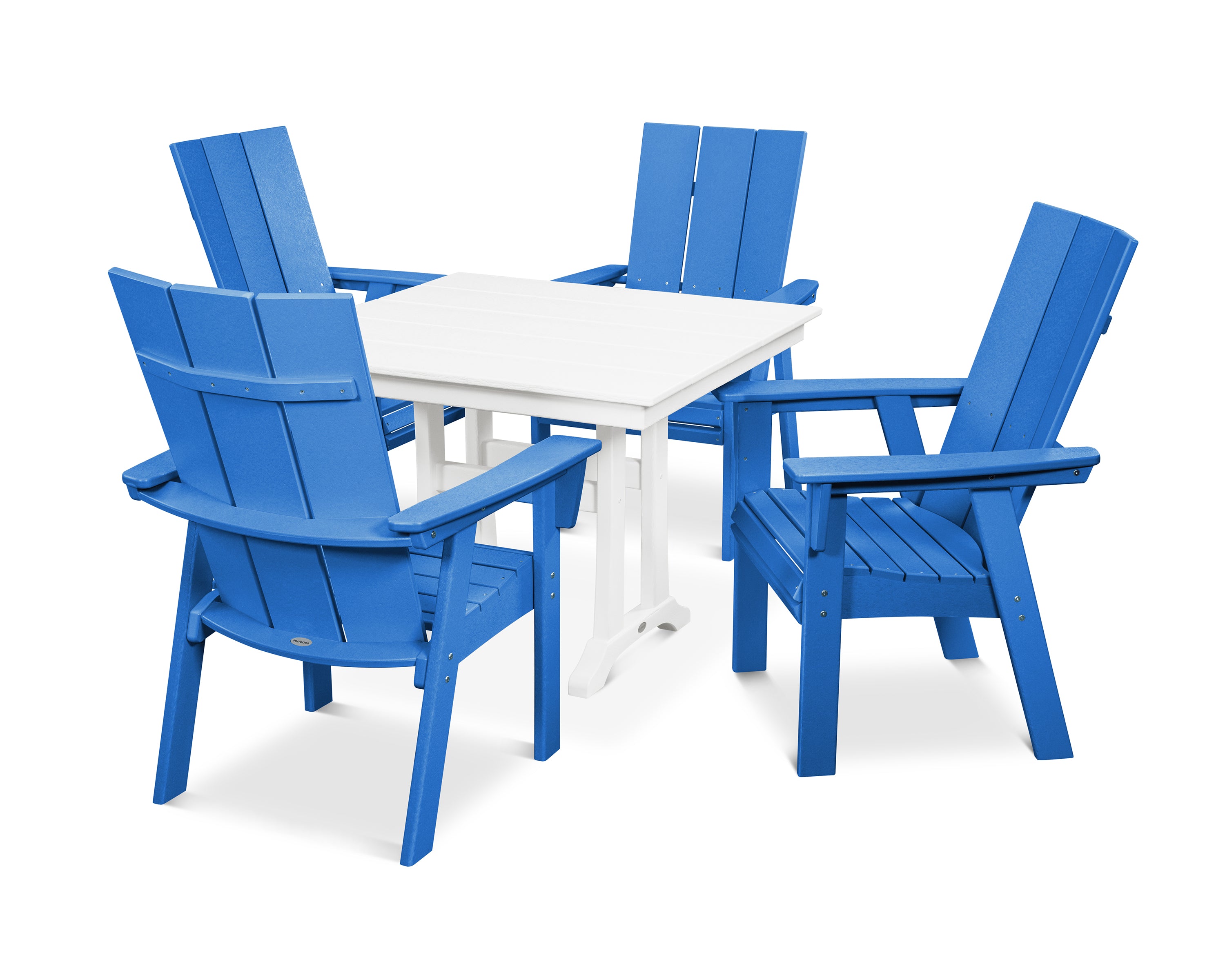 POLYWOOD® Modern Curveback Adirondack 5-Piece Farmhouse Trestle Dining Set in Pacific Blue / White