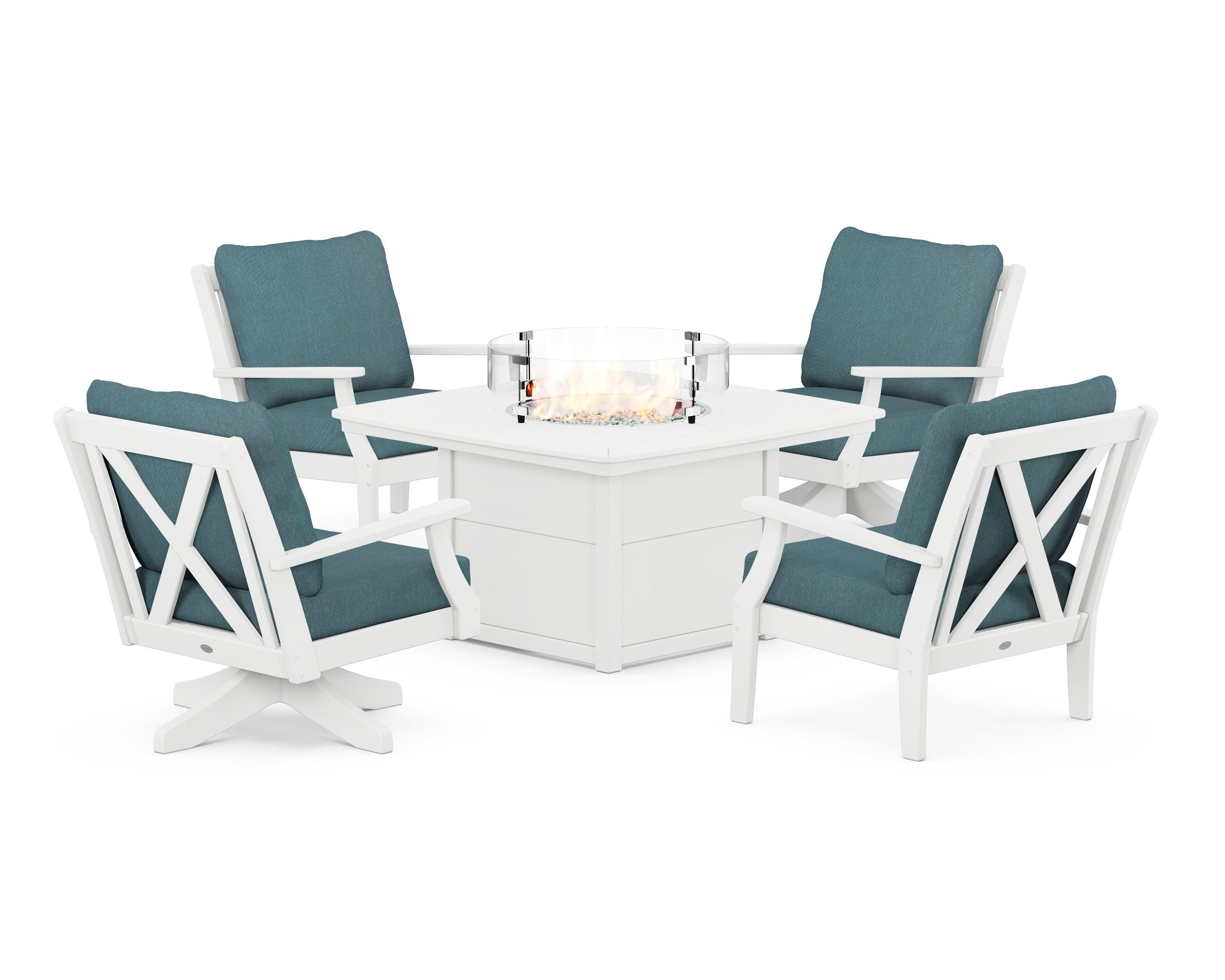 POLYWOOD Braxton 5-Piece Deep Seating Set with Fire Table in White / Ocean Teal