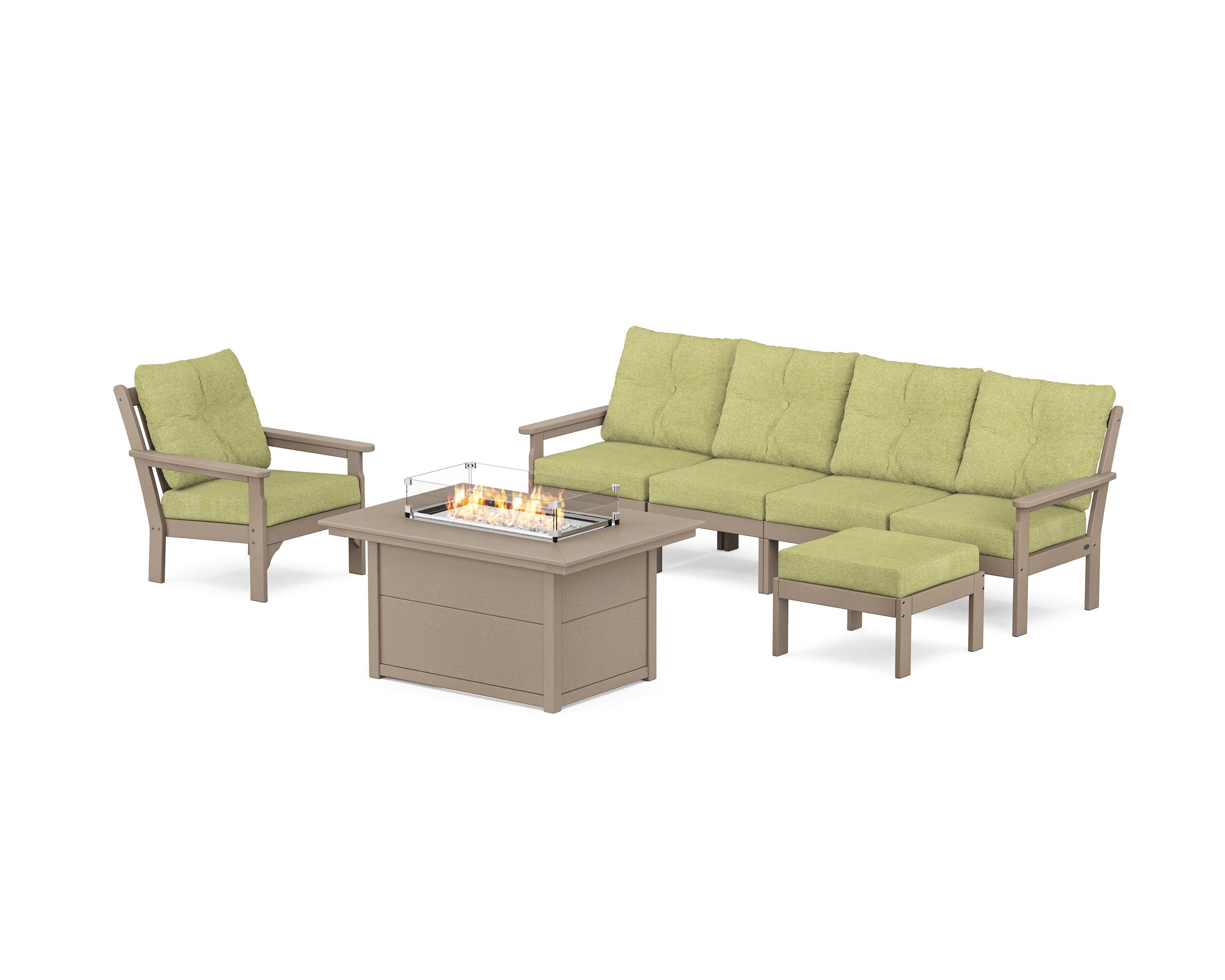 POLYWOOD Vineyard Sectional Lounge and Fire Pit Set in Vintage Sahara / Chartreuse Boucle