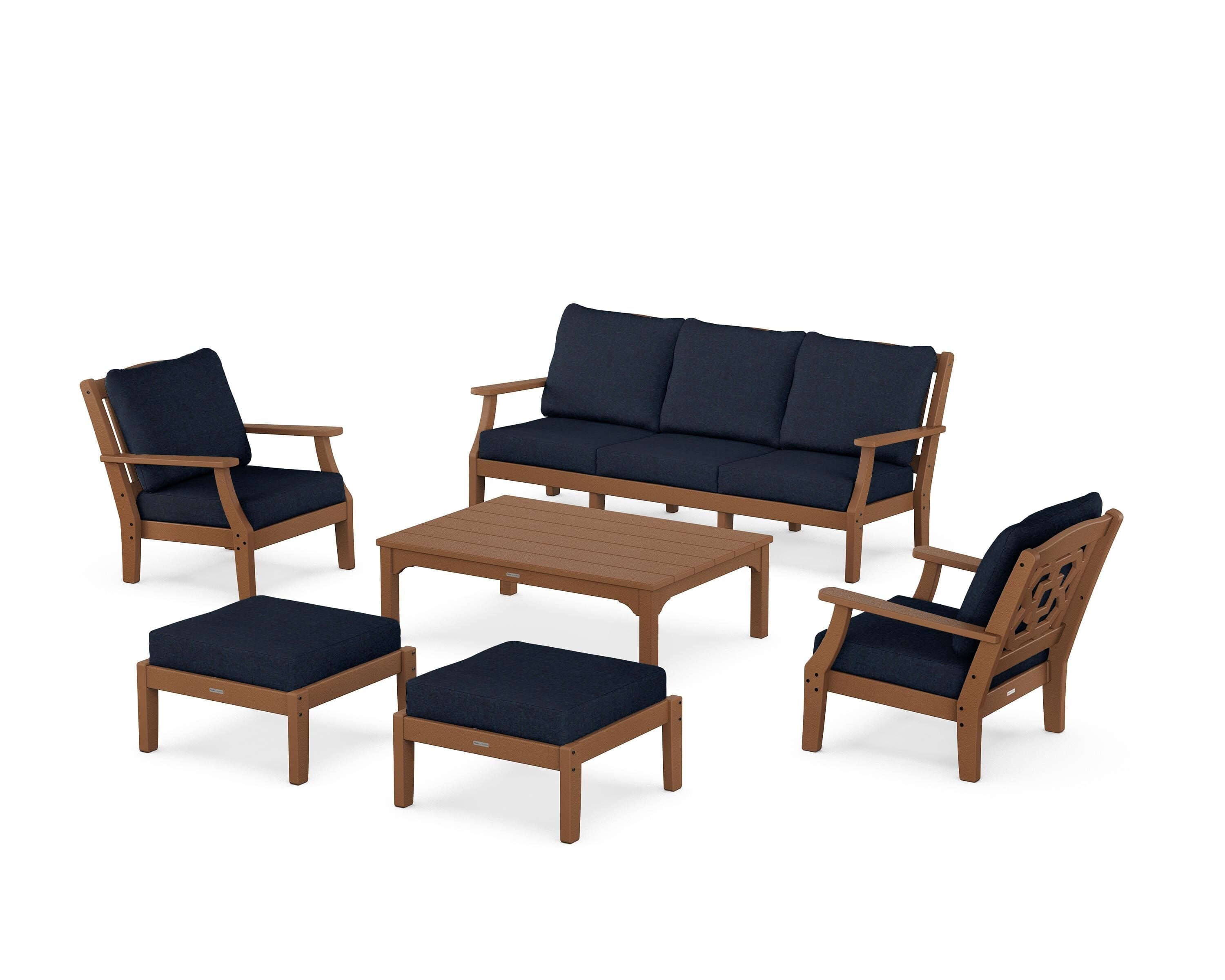 Martha Stewart by POLYWOOD Chinoiserie 6-Piece Lounge Sofa Set in Teak / Marine Indigo