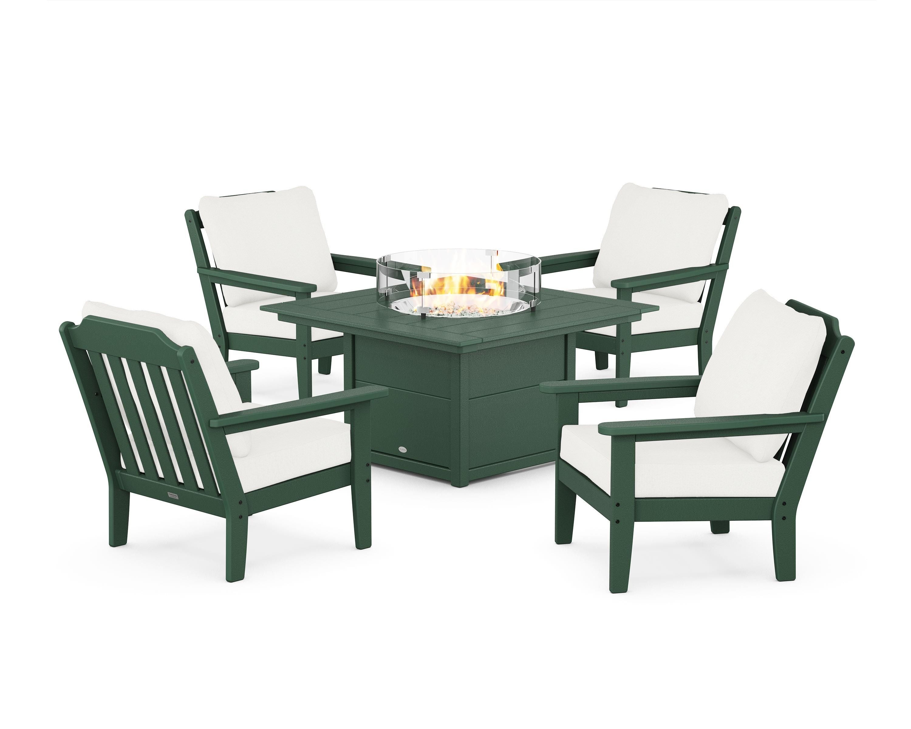 Country Living Cottage 5-Piece Deep Seating Set with Fire Pit Table in Green / Natural Linen