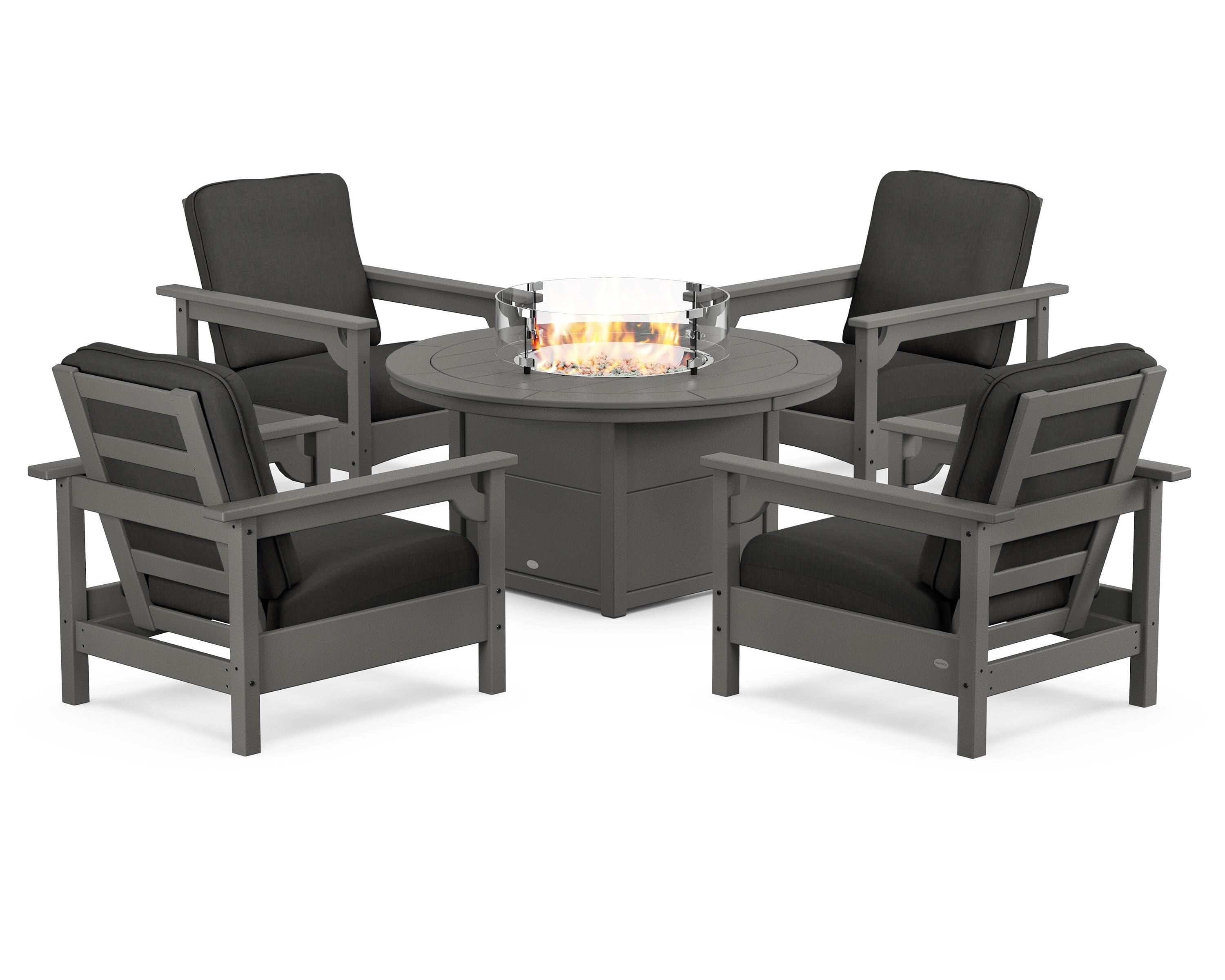 POLYWOOD Club 5-Piece Conversation Set with Fire Pit Table in Slate Grey / Spectrum Carbon
