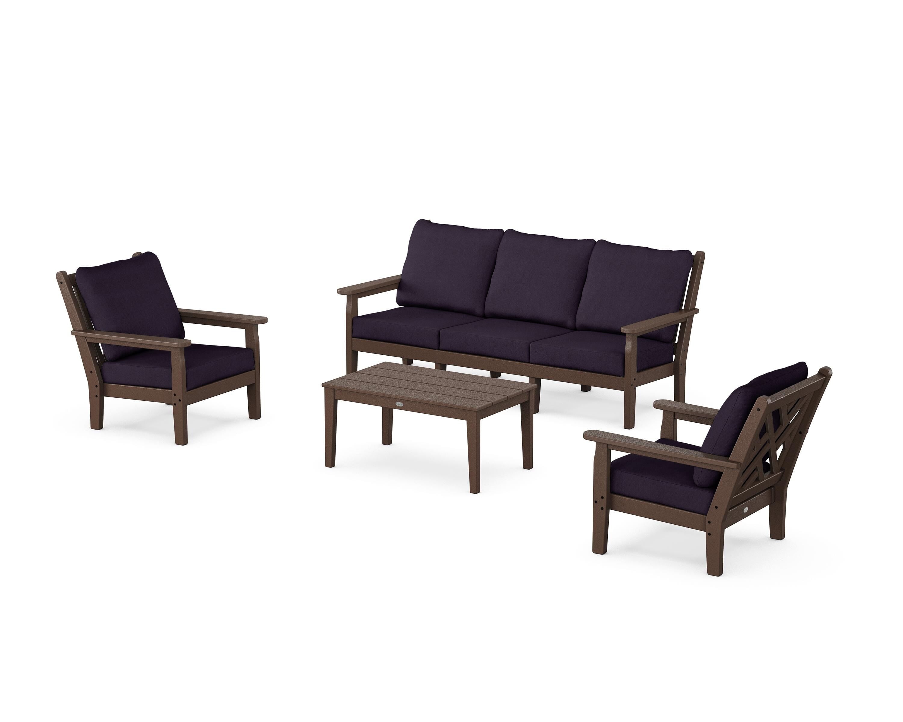 POLYWOOD Chippendale 4-Piece Deep Seating Set with Sofa in Mahogany / Navy Linen