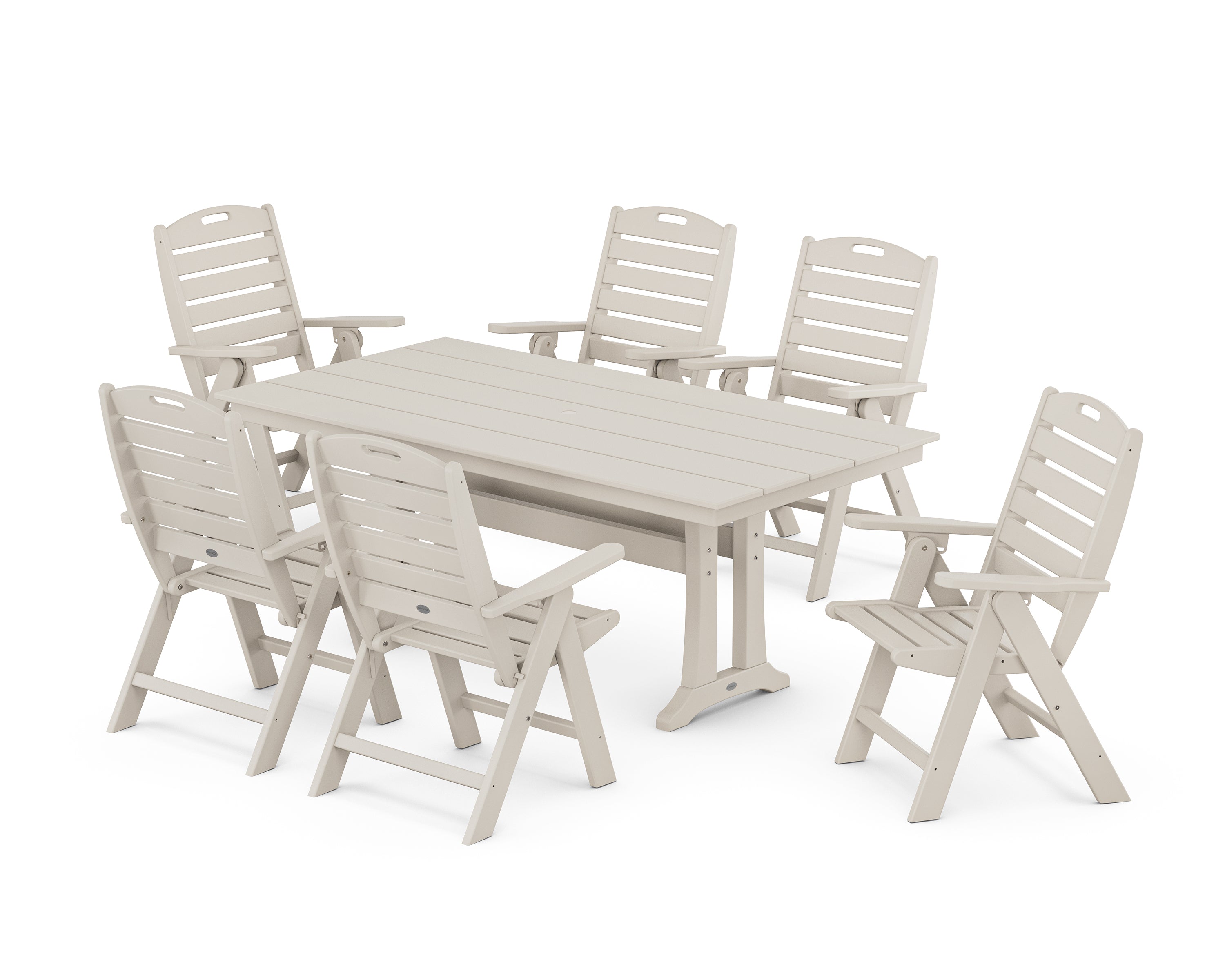 POLYWOOD Nautical Highback 7-Piece Farmhouse Dining Set with Trestle Legs in Sand