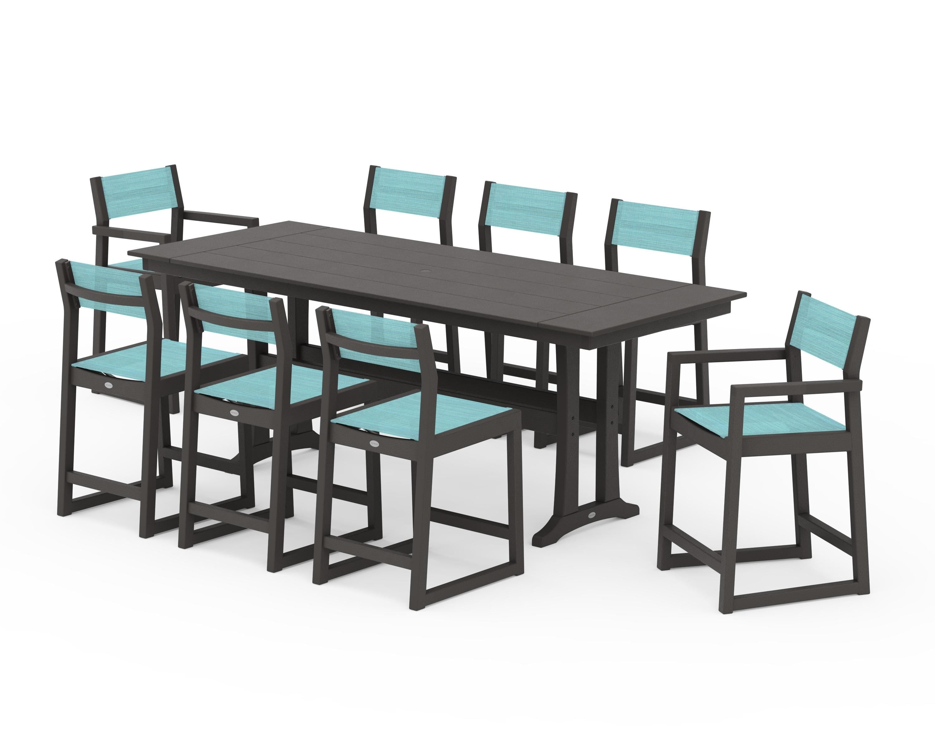 POLYWOOD EDGE Sling 9-Piece Farmhouse Counter Set with Trestle Legs in Vintage Coffee / Dupioni Aquamarine Sling