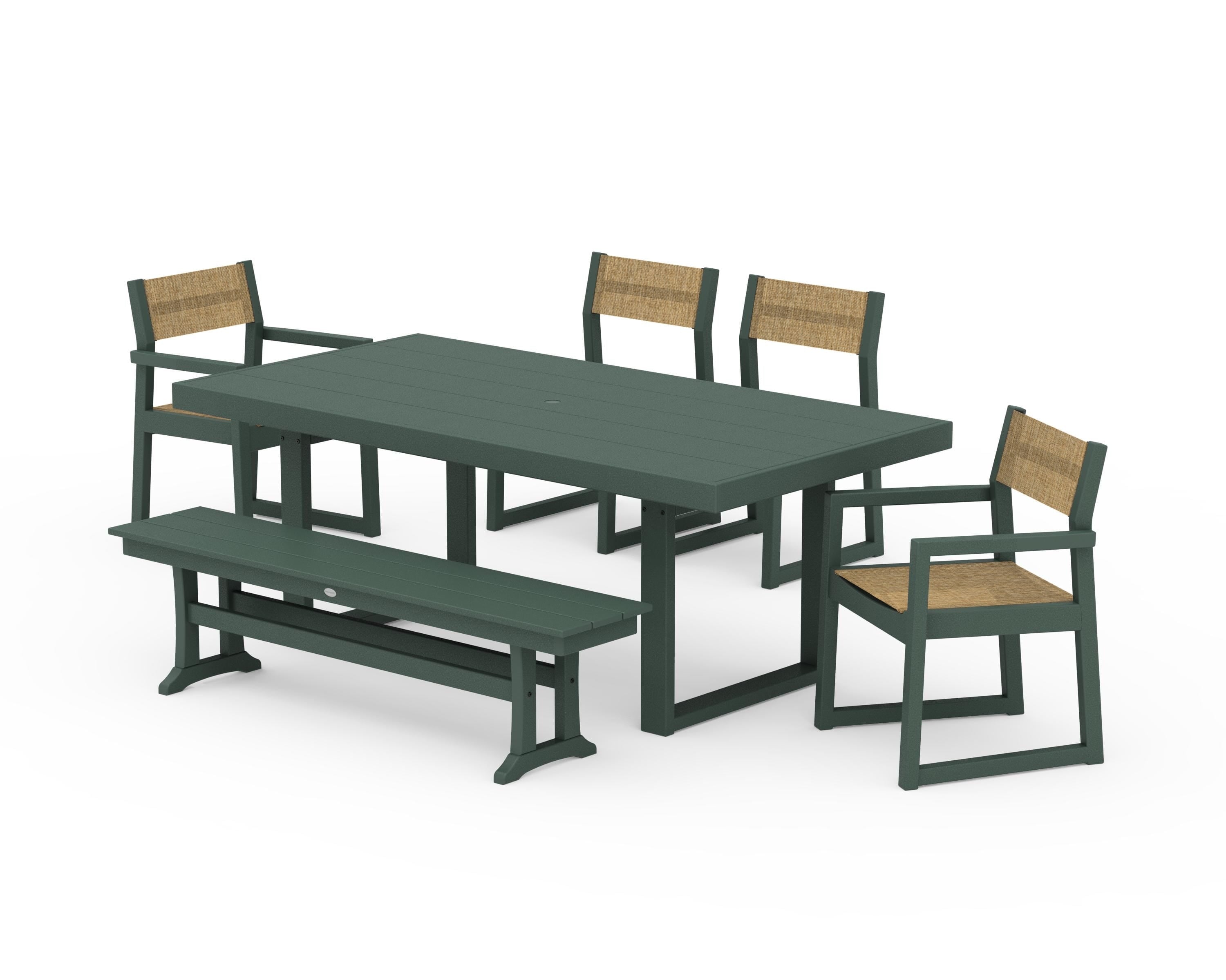 POLYWOOD EDGE Sling 6-Piece Dining Set with Bench in Green / Burlap Sling