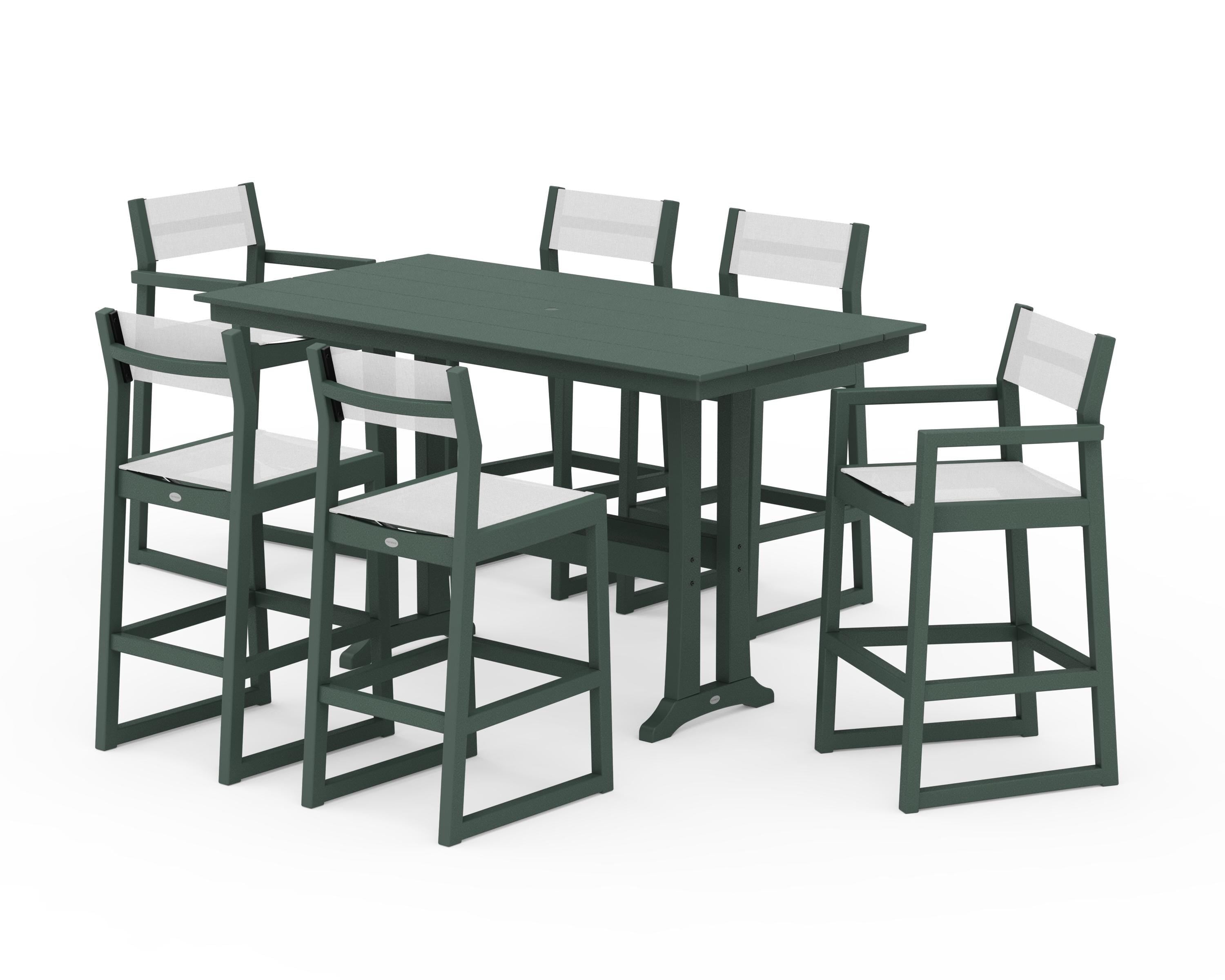 POLYWOOD EDGE Sling 7-Piece Farmhouse Bar Set with Trestle Legs in Green / White Sling