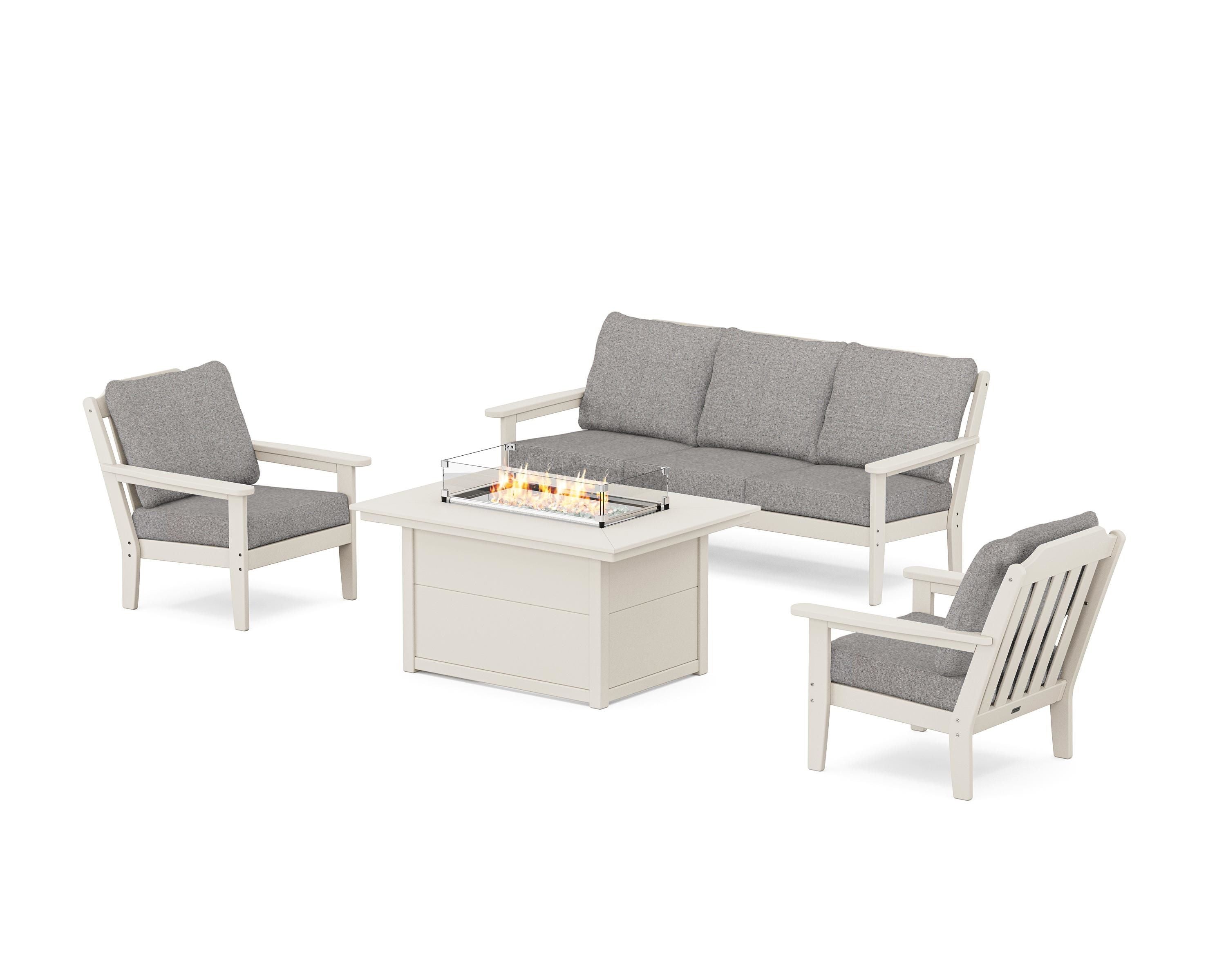 Country Living Cottage Deep Seating Fire Pit Table Set in Sand / Grey Mist