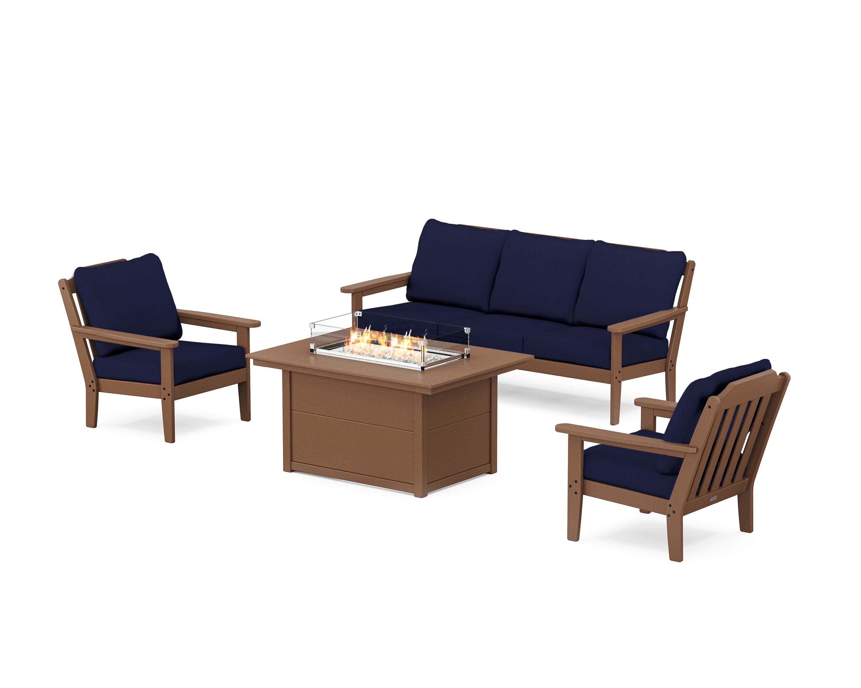 Country Living Cottage Deep Seating Fire Pit Table Set in Teak / Navy