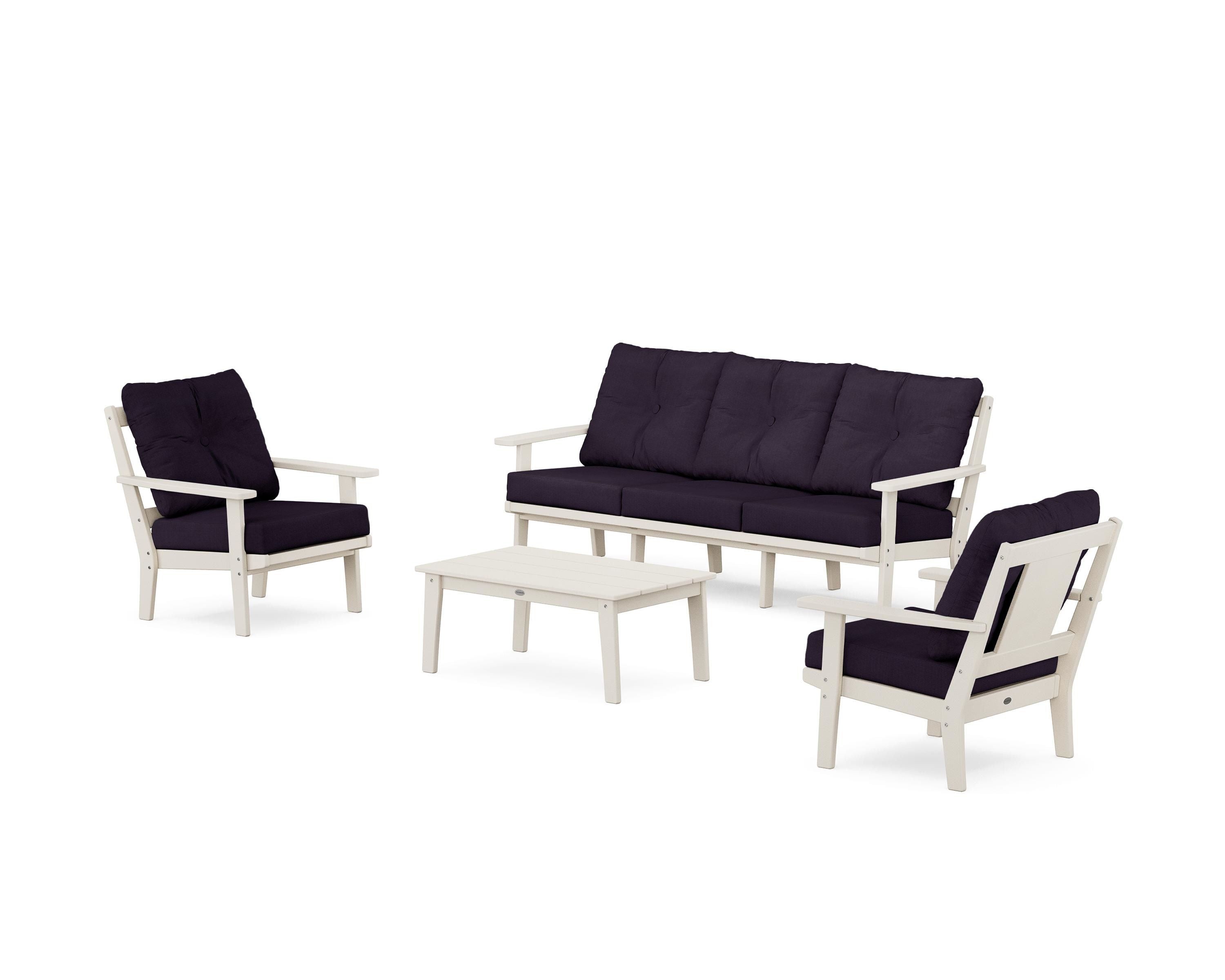 POLYWOOD Prairie 4-Piece Deep Seating Set with Sofa in Sand / Navy Linen