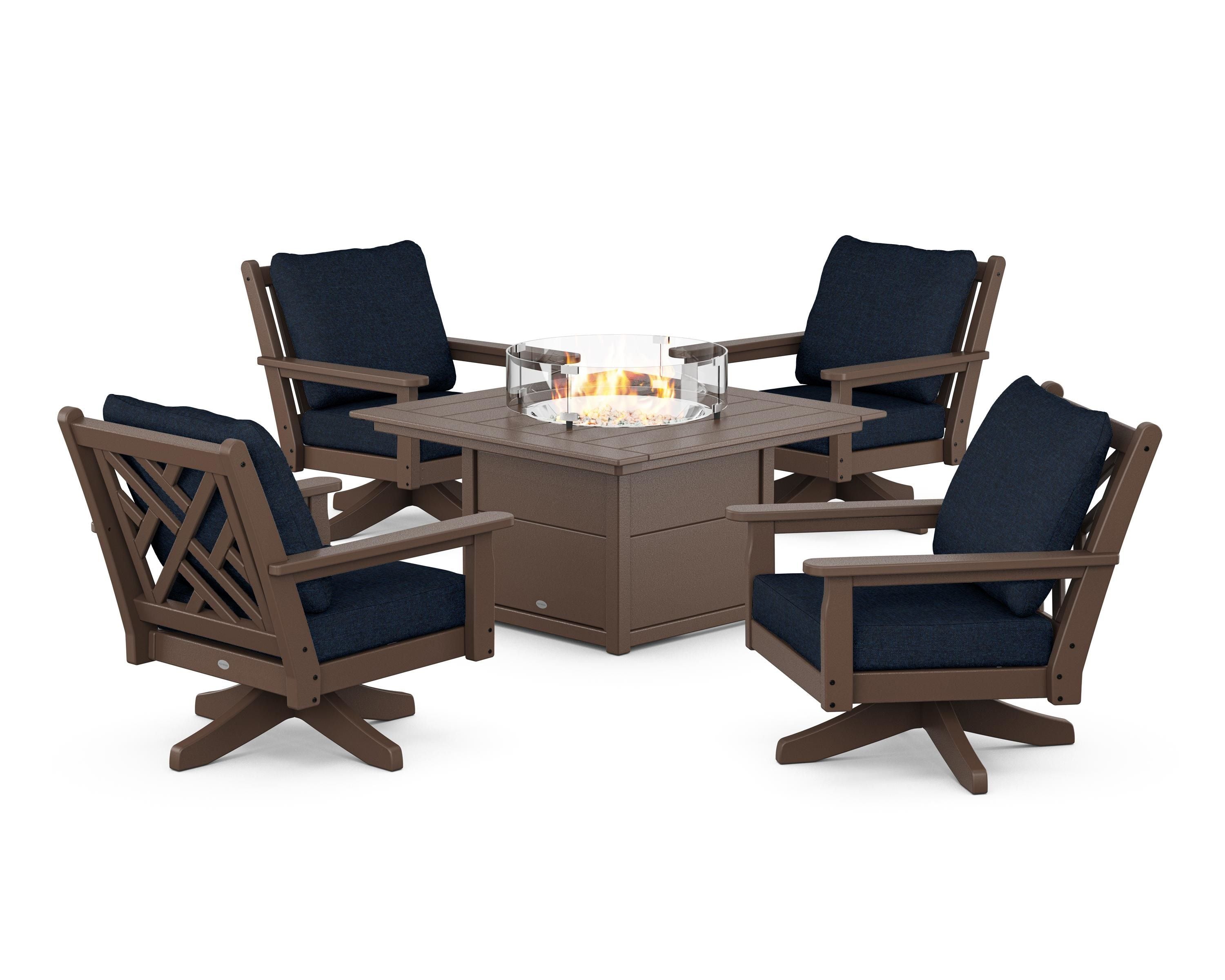 POLYWOOD Chippendale 5-Piece Deep Seating Swivel Conversation Set with Fire Pit Table in Mahogany / Marine Indigo