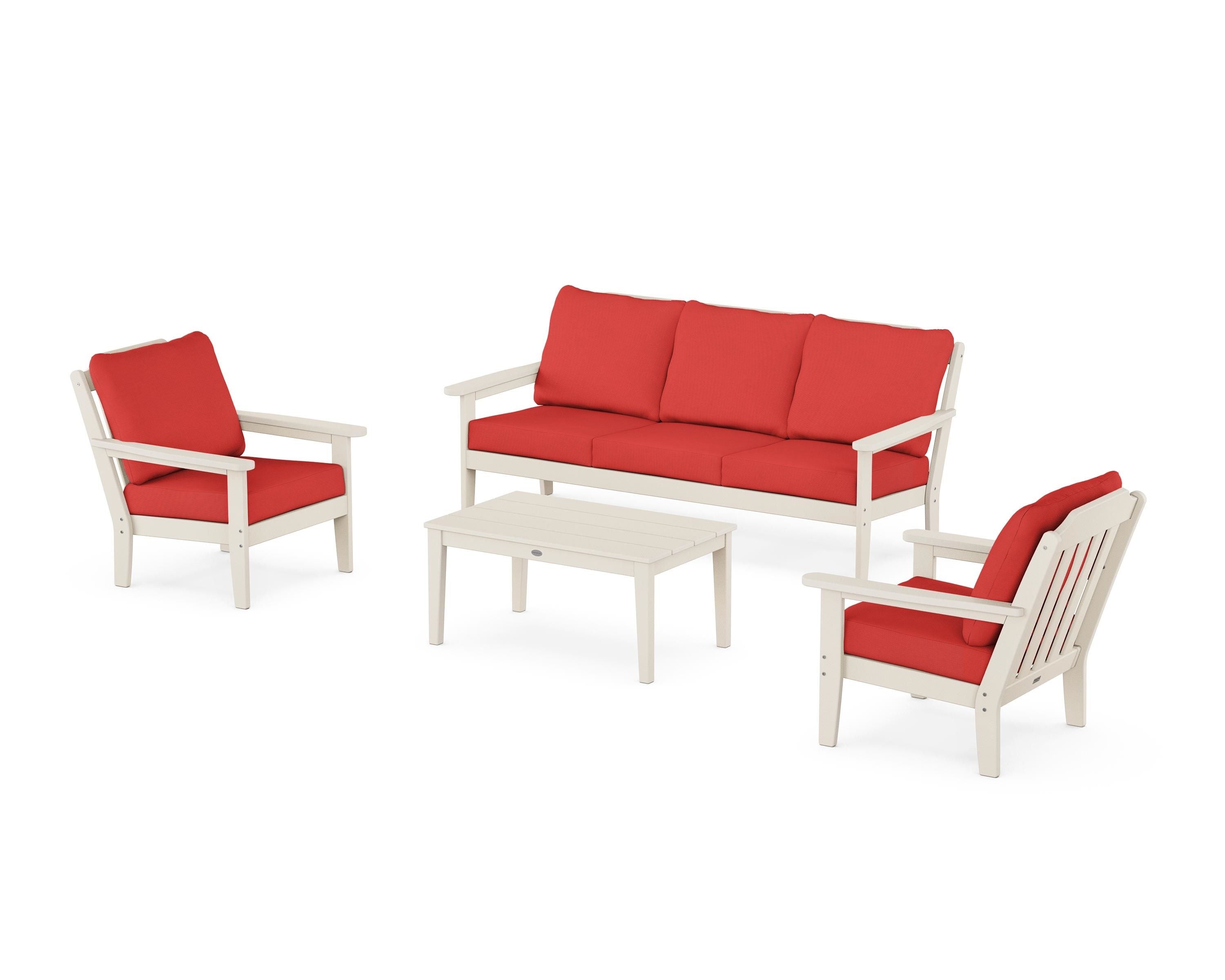 Country Living Cottage 4-Piece Deep Seating Set with Sofa in Sand / Crimson Linen