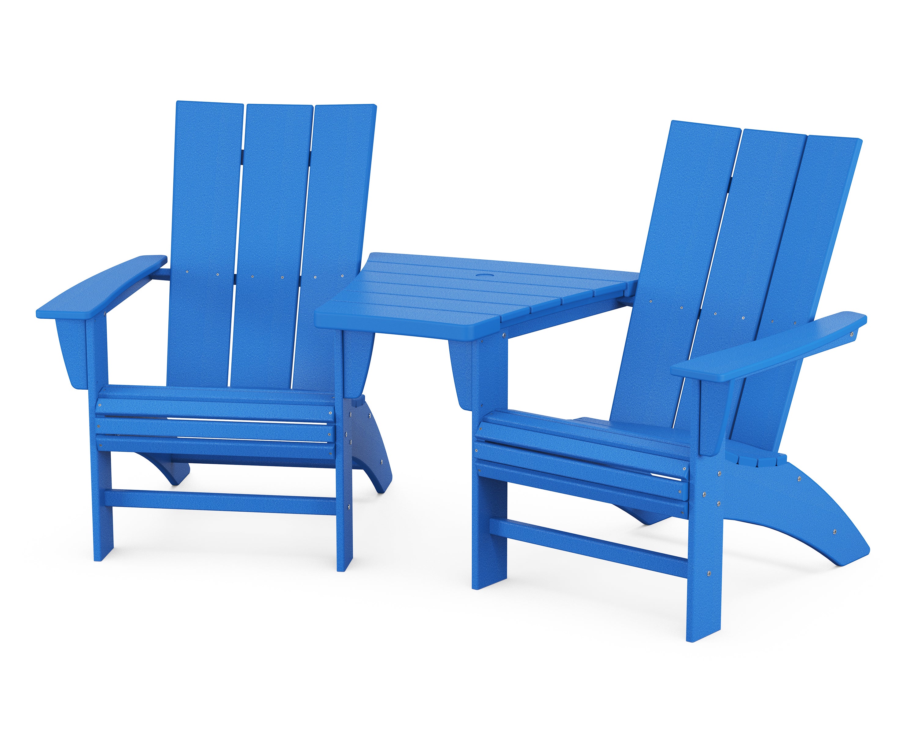 POLYWOOD® Modern 3-Piece Curveback Adirondack Set with Angled Connecting Table in Pacific Blue