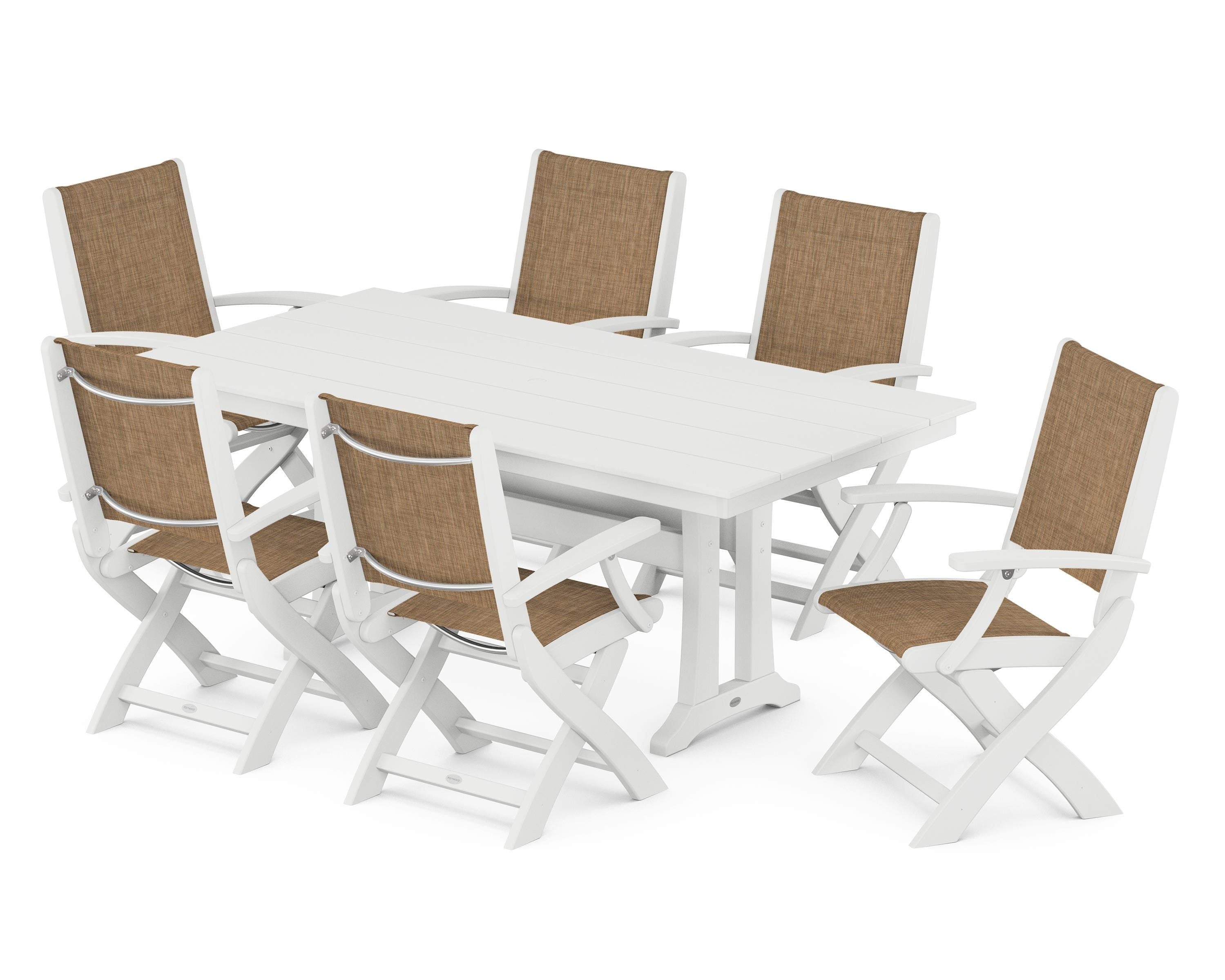 POLYWOOD Coastal Folding Arm Chair 7-Piece Farmhouse Dining Set with Trestle Legs in White / Burlap Sling