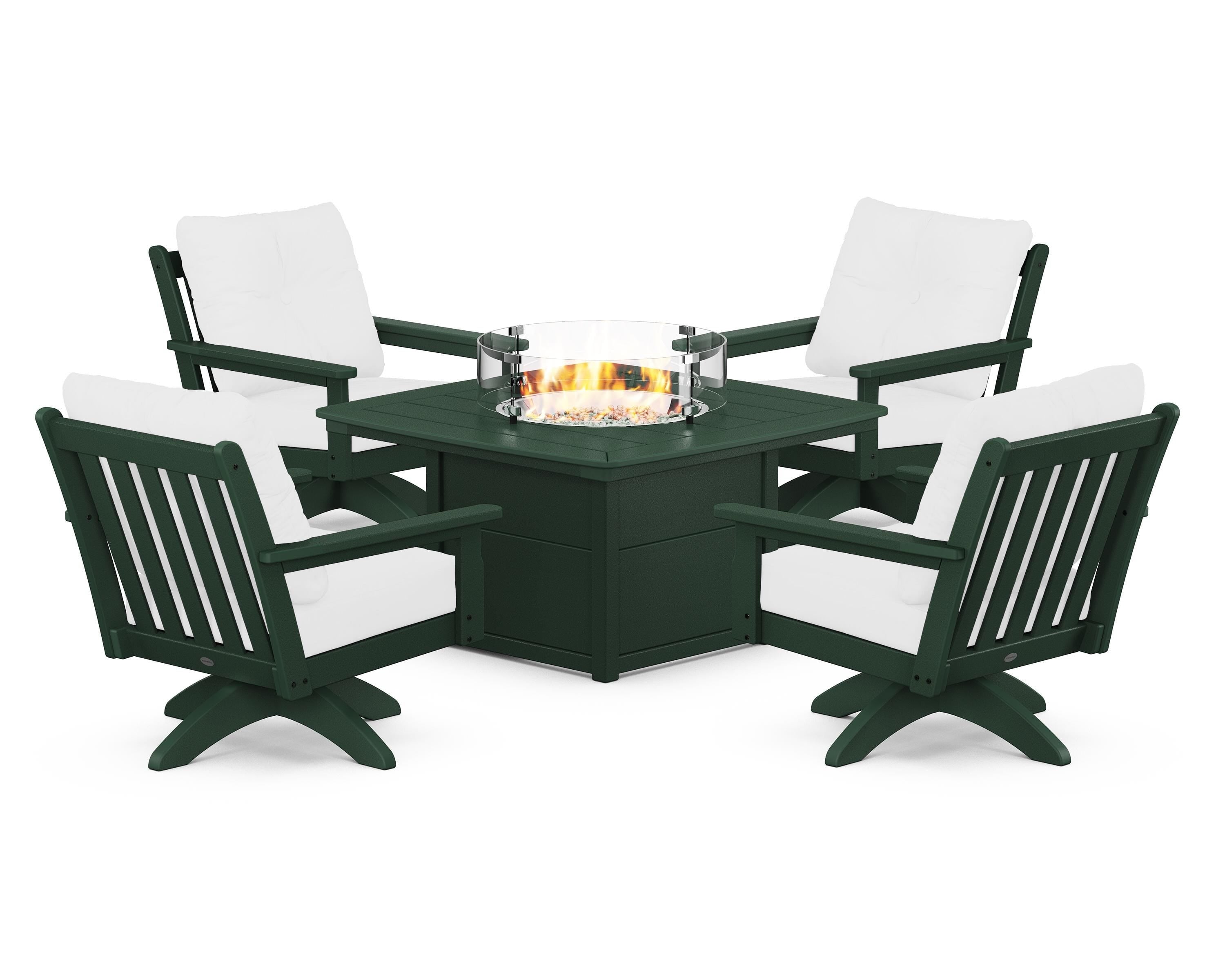 POLYWOOD Vineyard 5-Piece Deep Seating Swivel Conversation Set with Fire Pit Table in Green / Natural