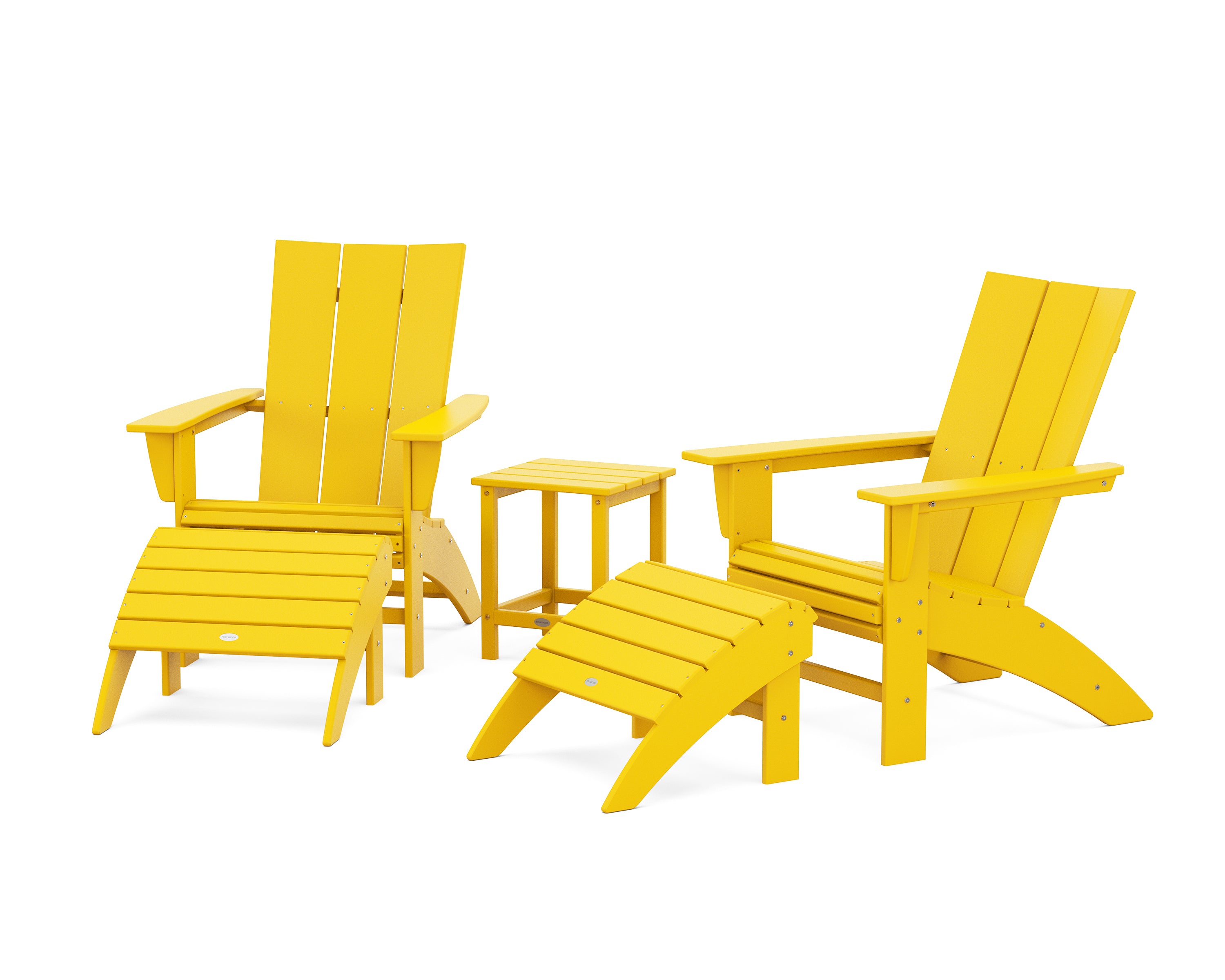 POLYWOOD® Modern Curveback Adirondack Chair 5-Piece Set with Ottomans and 18" Side Table in Lemon
