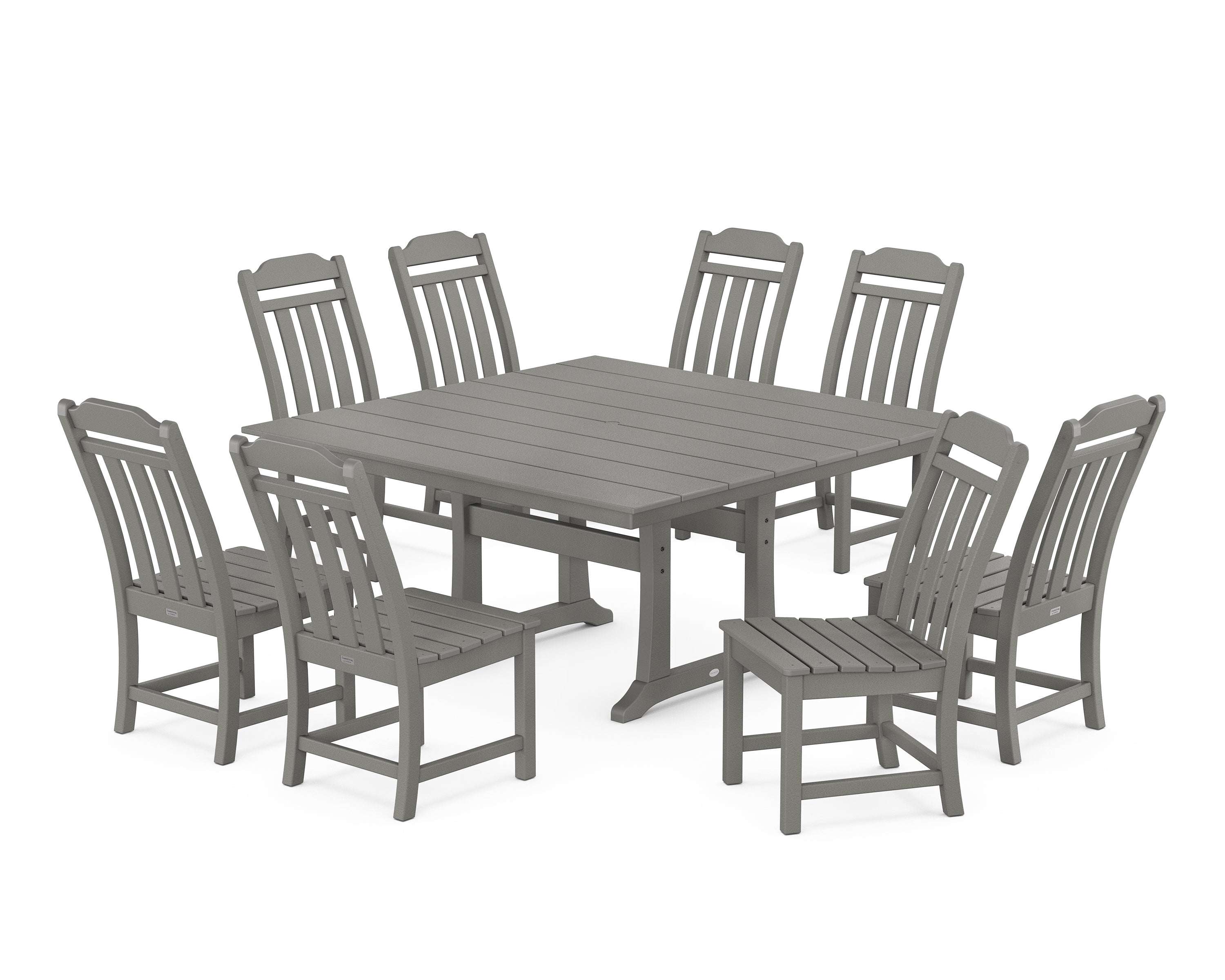 Polywood Country Living 9-Piece Square Farmhouse Side Chair Dining Set with Trestle Legs in Slate Grey