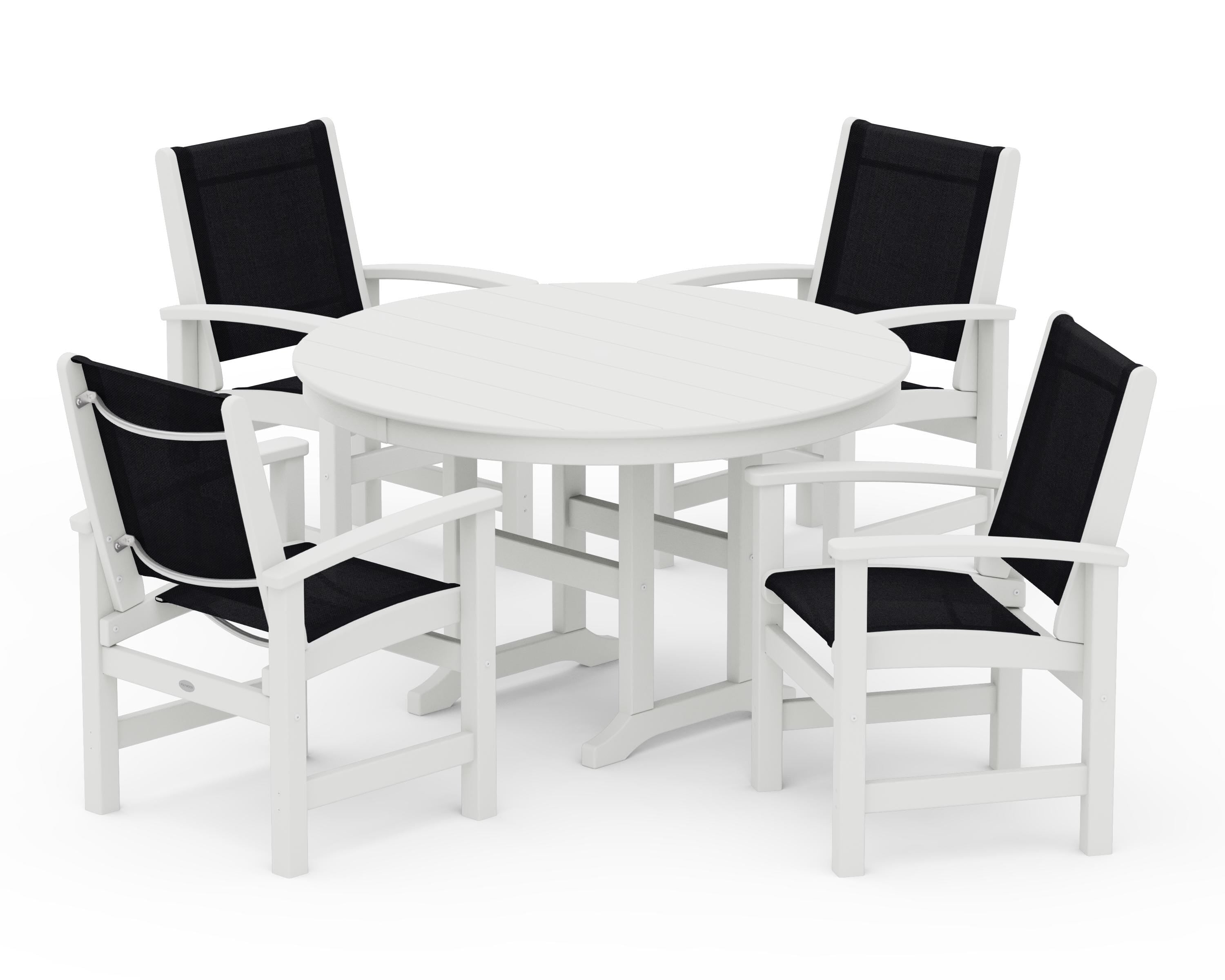 POLYWOOD Coastal 5-Piece Round Farmhouse Dining Set in Vintage White / Black Sling