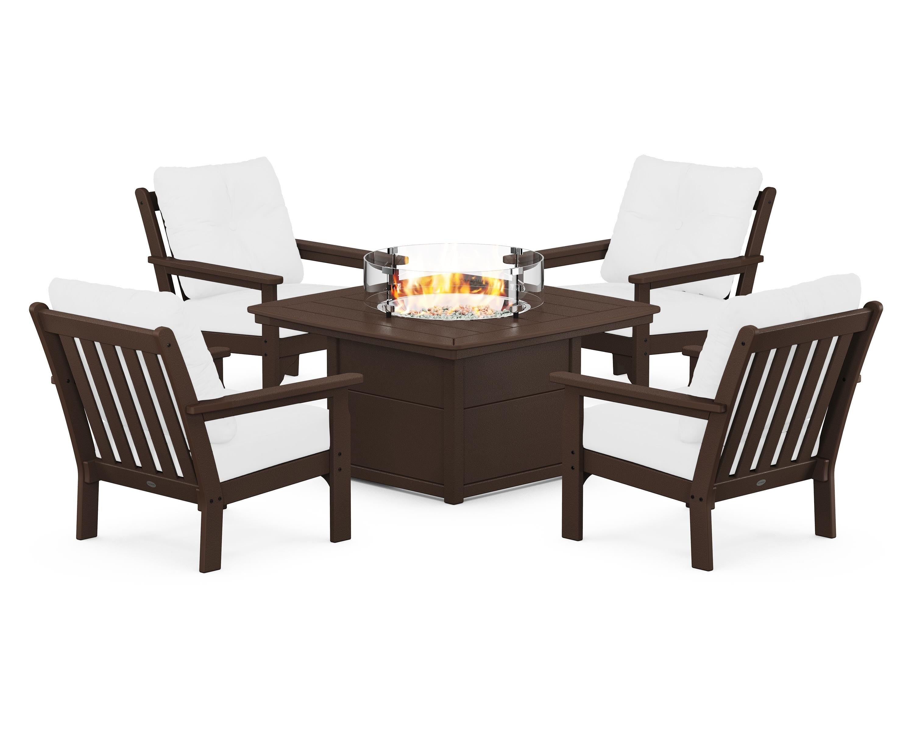POLYWOOD Vineyard 5-Piece Conversation Set with Fire Pit Table in Mahogany / Natural