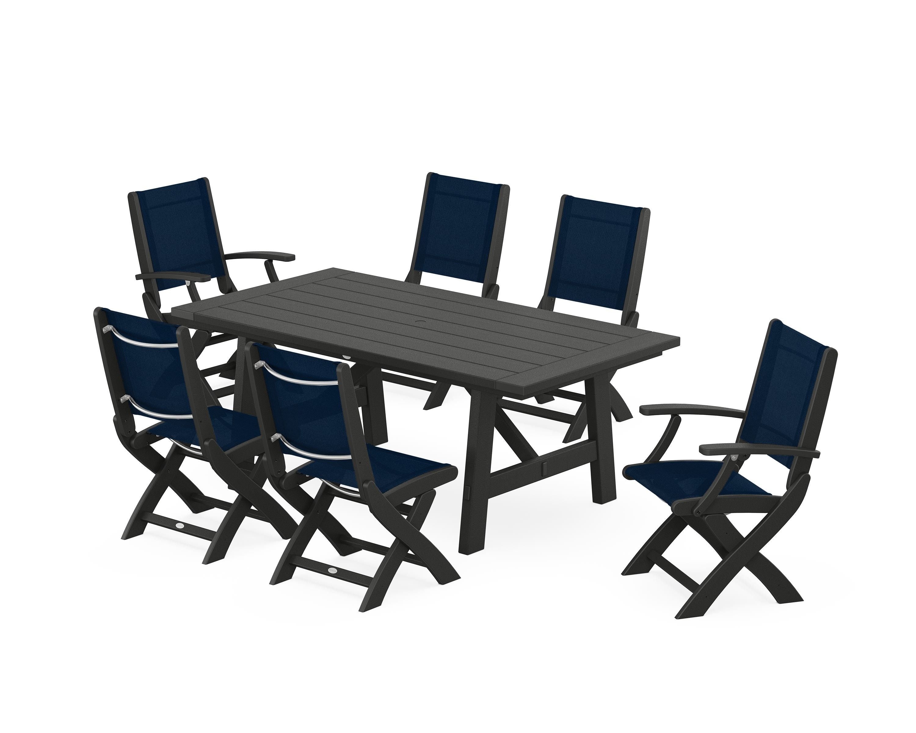 POLYWOOD Coastal Folding Chair 7-Piece Rustic Farmhouse Dining Set in Black / Navy Blue Sling
