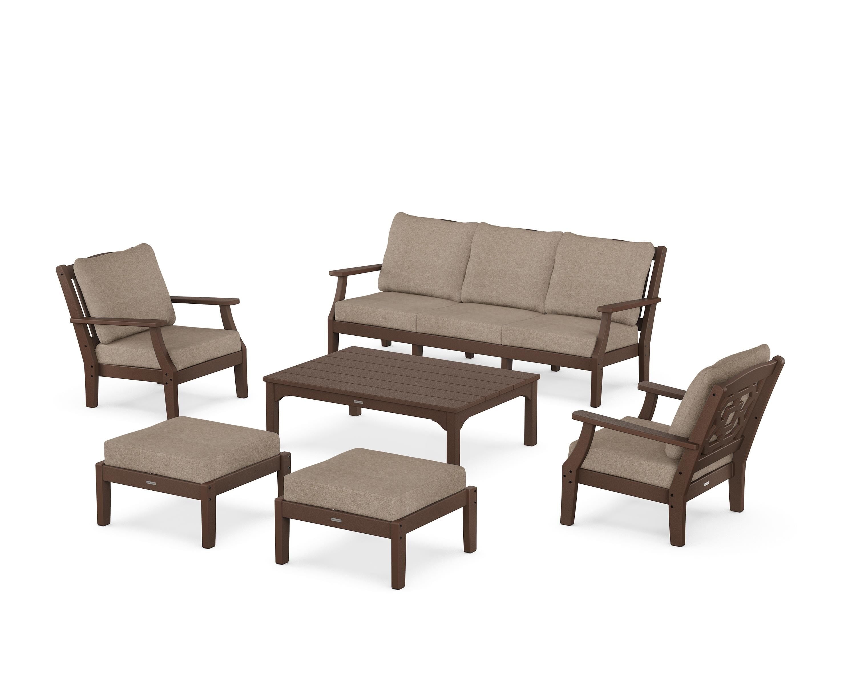 Martha Stewart by POLYWOOD Chinoiserie 6-Piece Lounge Sofa Set in Mahogany / Spiced Burlap