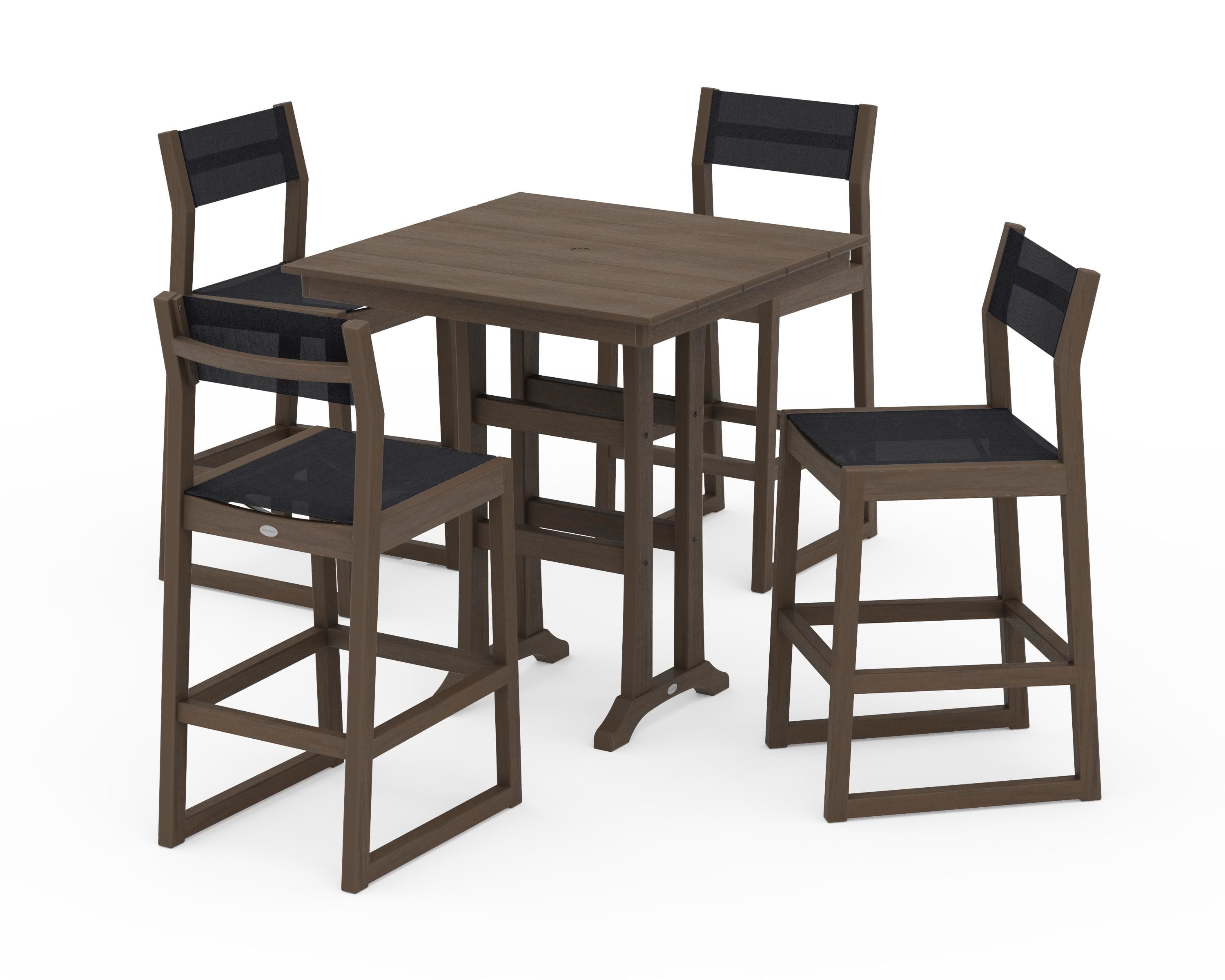 POLYWOOD EDGE Sling Arm Chair 5-Piece Farmhouse Bar Set with Trestle Legs in Kona / Black Sling