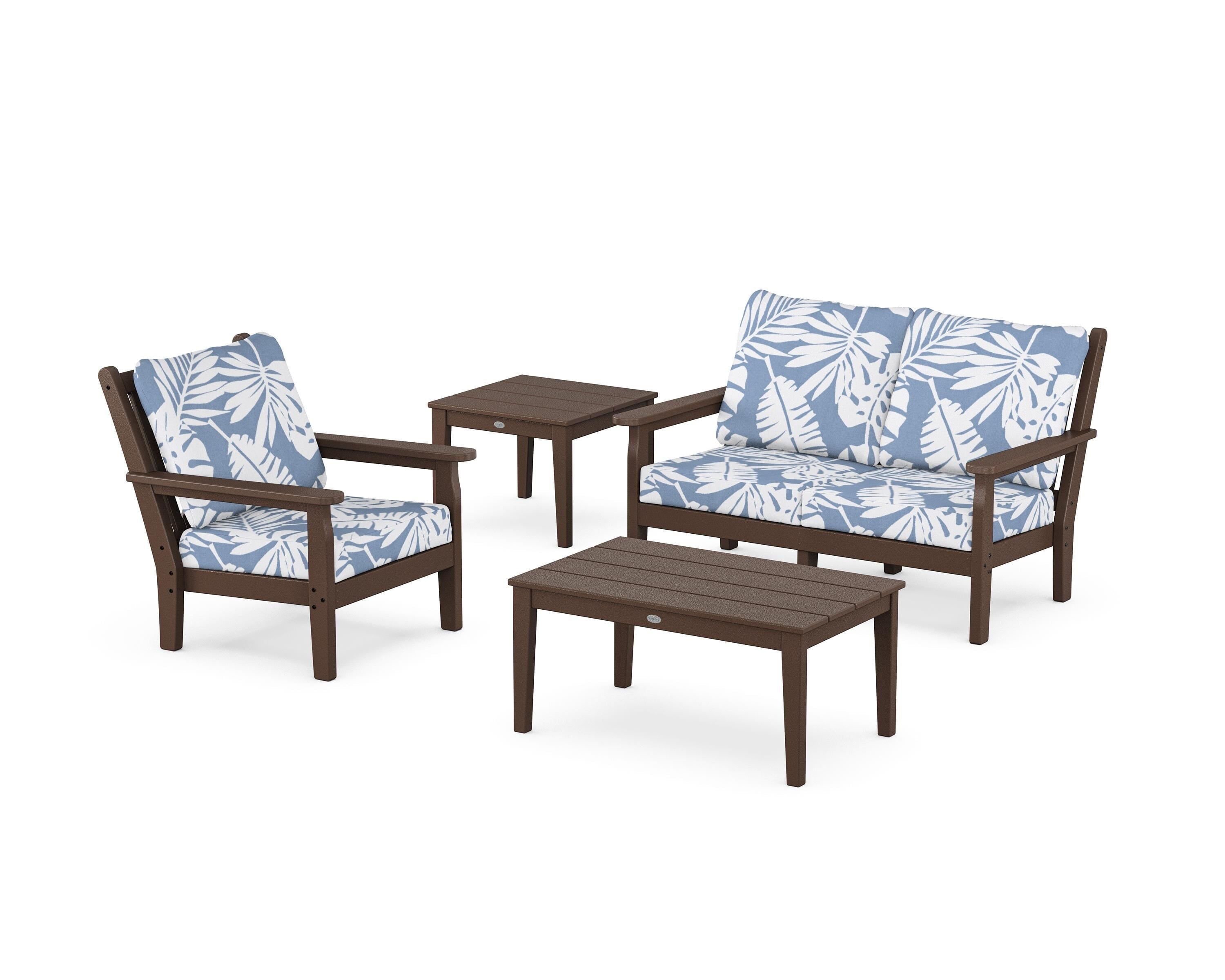 POLYWOOD Chippendale 4-Piece Deep Seating Set in Mahogany / Leaf Sky Blue