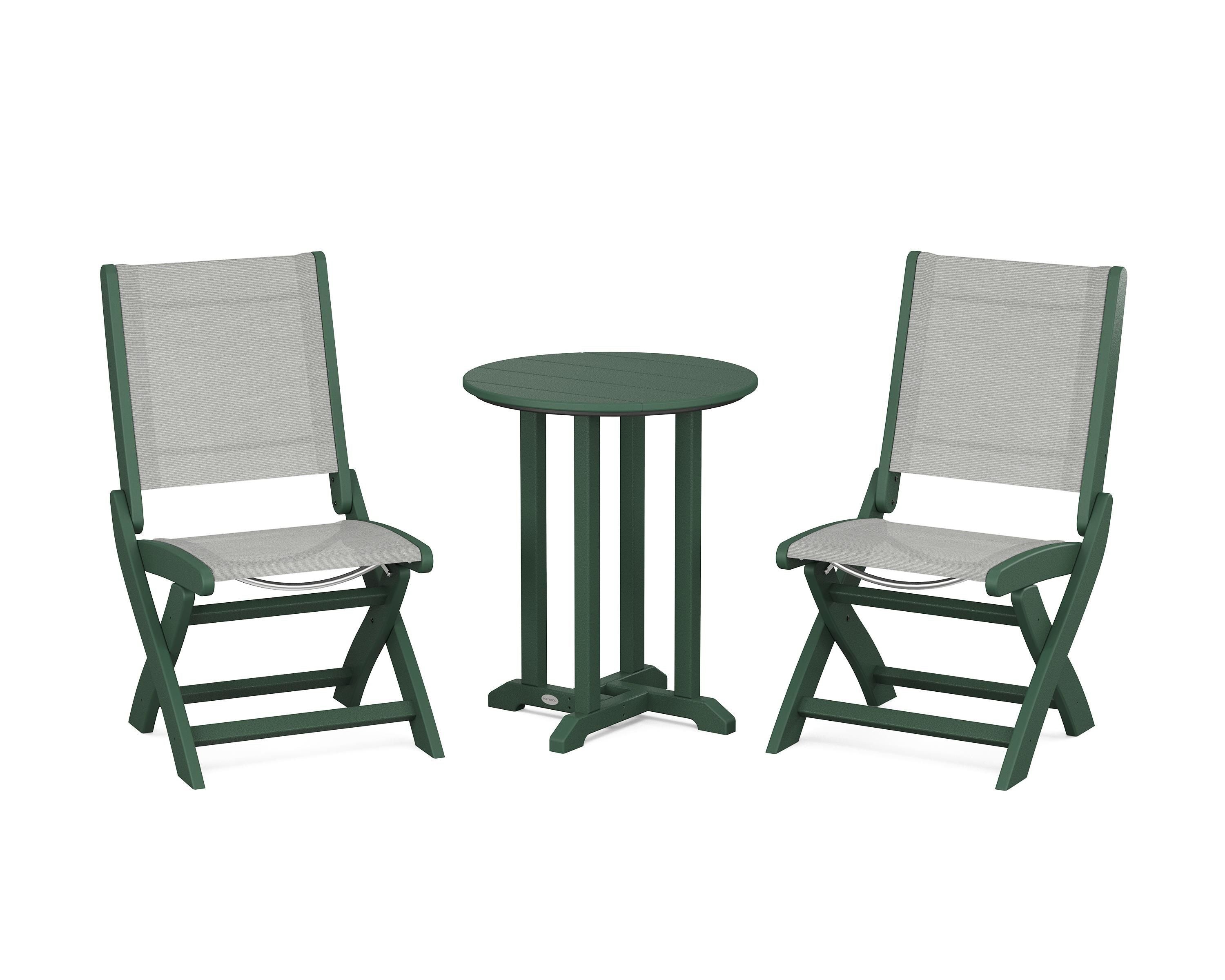 POLYWOOD Coastal Folding Side Chair 3-Piece Round Bistro Dining Set in Green / Metallic Sling