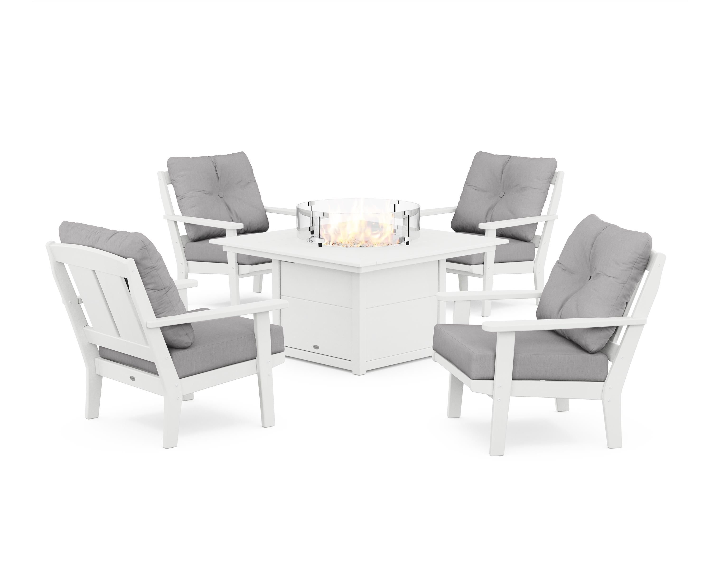 POLYWOOD Mission 5-Piece Deep Seating Set with Fire Pit Table in White / Granite