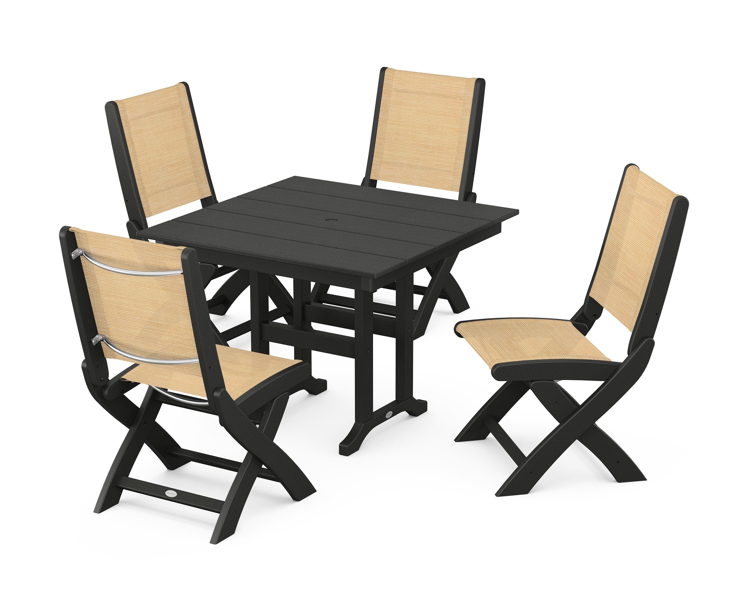 POLYWOOD Coastal Folding Side Chair 5-Piece Farmhouse Dining Set in Black / Dupioni Apricot Sling