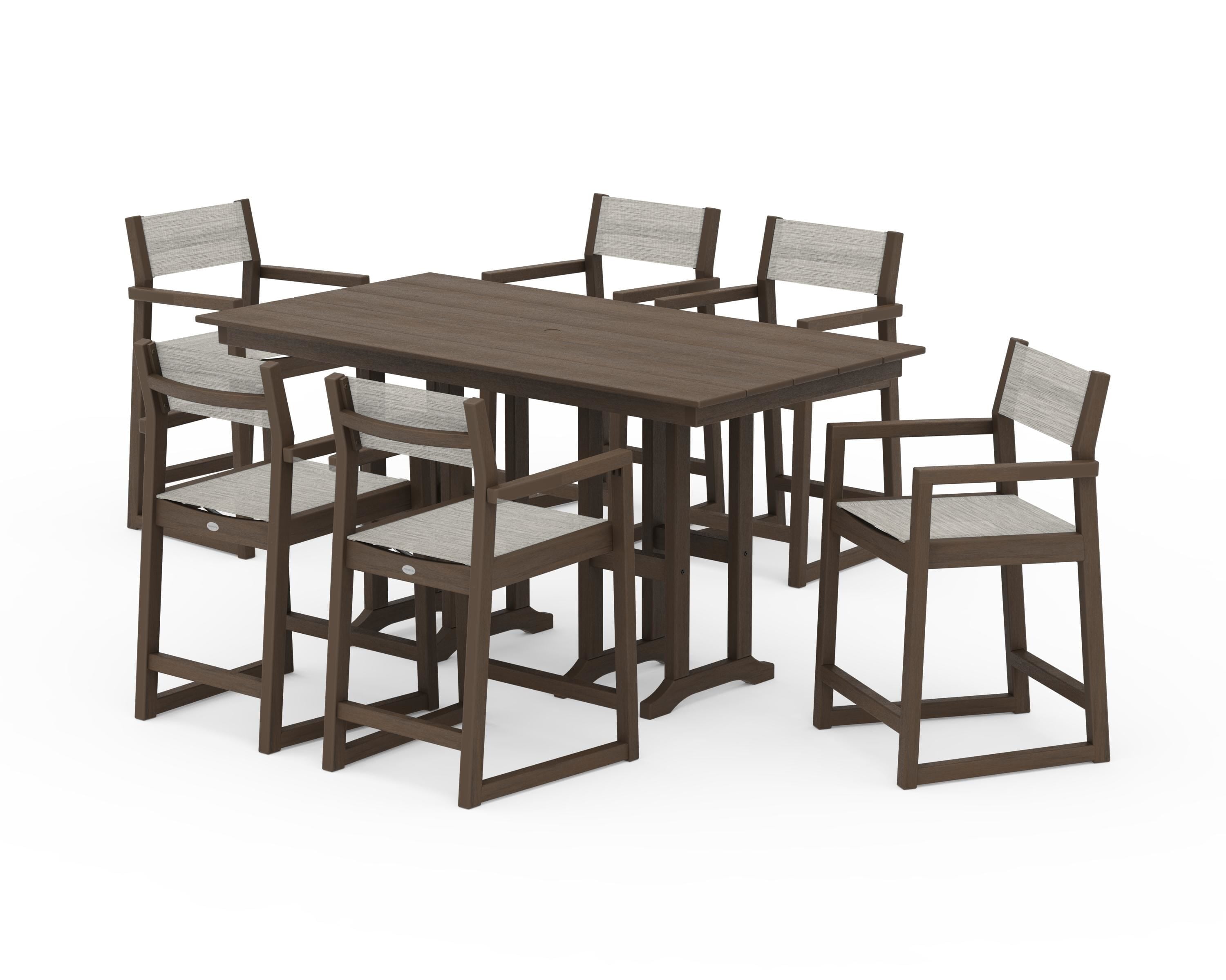 POLYWOOD EDGE Sling Arm Chair 7-Piece Farmhouse Counter Set in Kona / Birch Sling