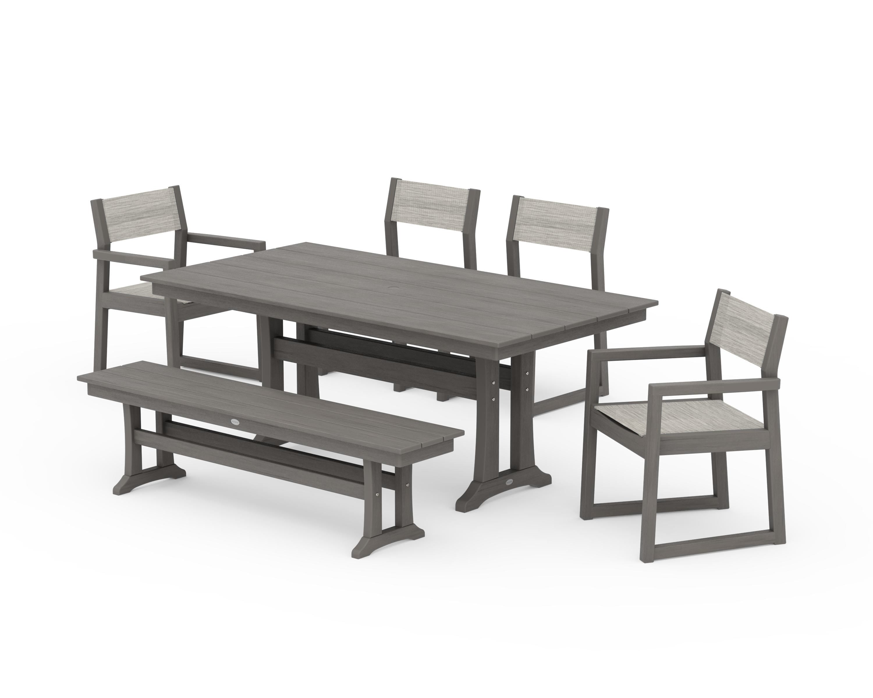 POLYWOOD EDGE Sling 6-Piece Farmhouse Dining Set With Trestle Legs in Driftwood / Birch Sling