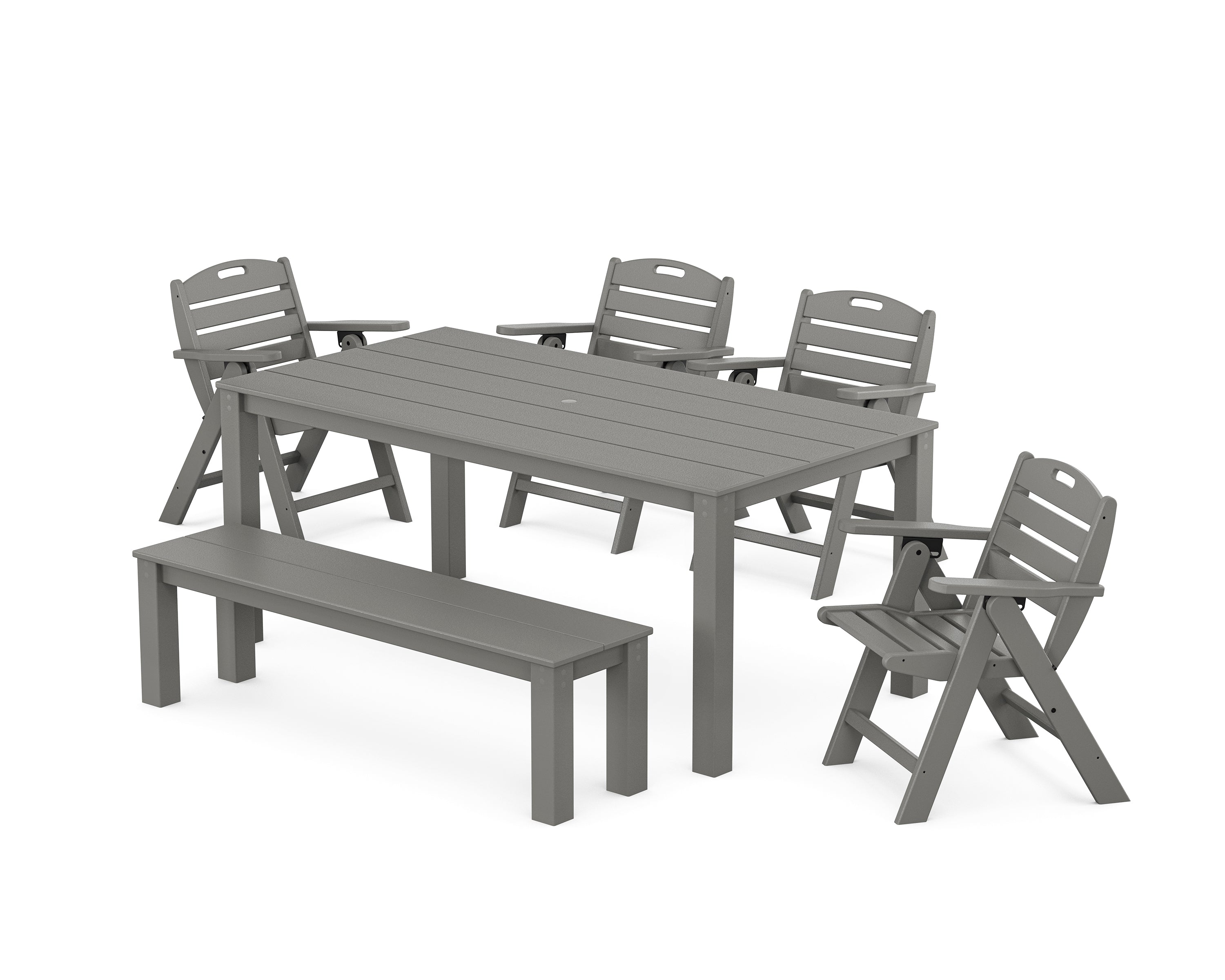 POLYWOOD Nautical Folding Lowback Chair 6-Piece Parsons Dining Set with Bench in Slate Grey