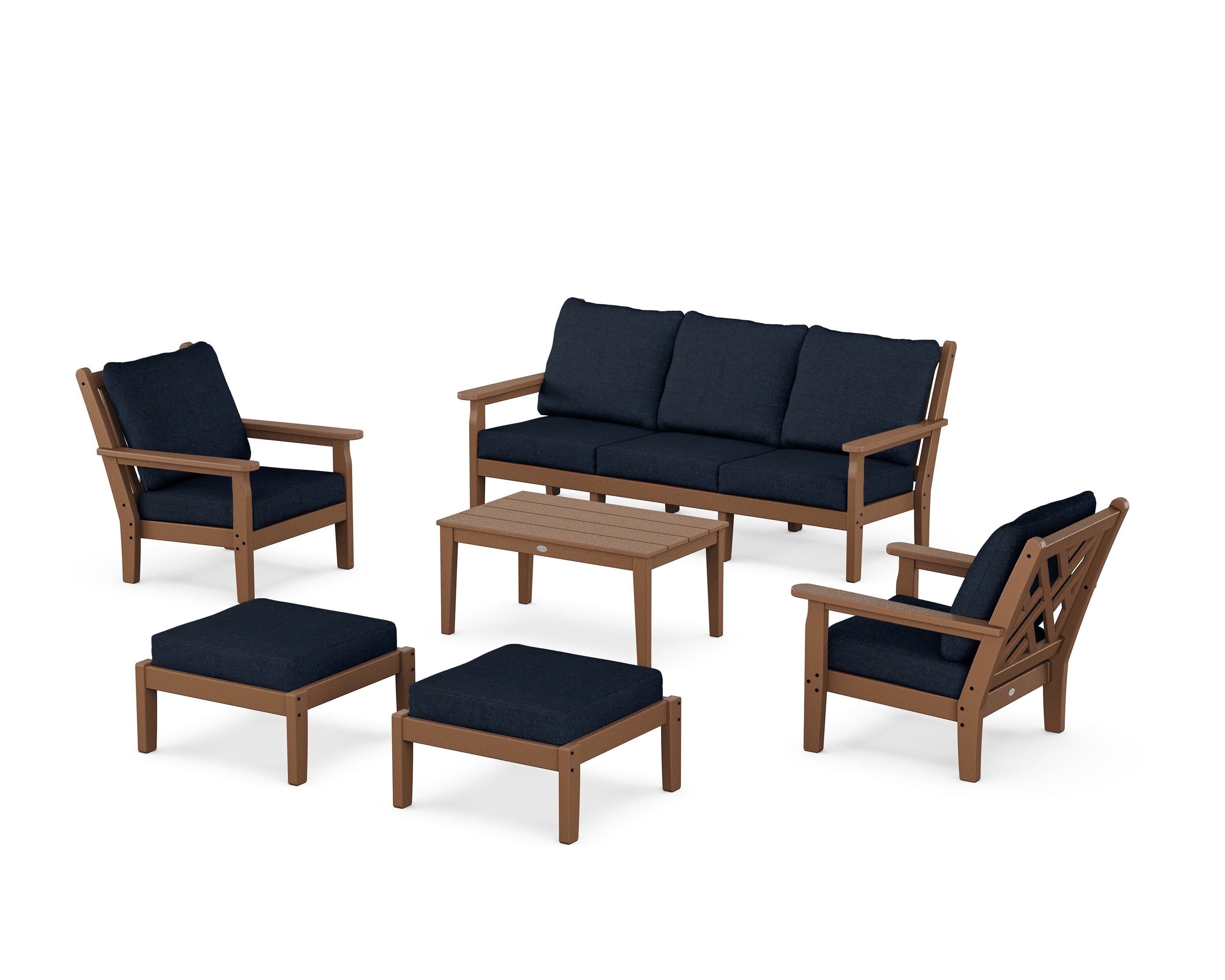 POLYWOOD Chippendale 6-Piece Lounge Sofa Set in Teak / Marine Indigo