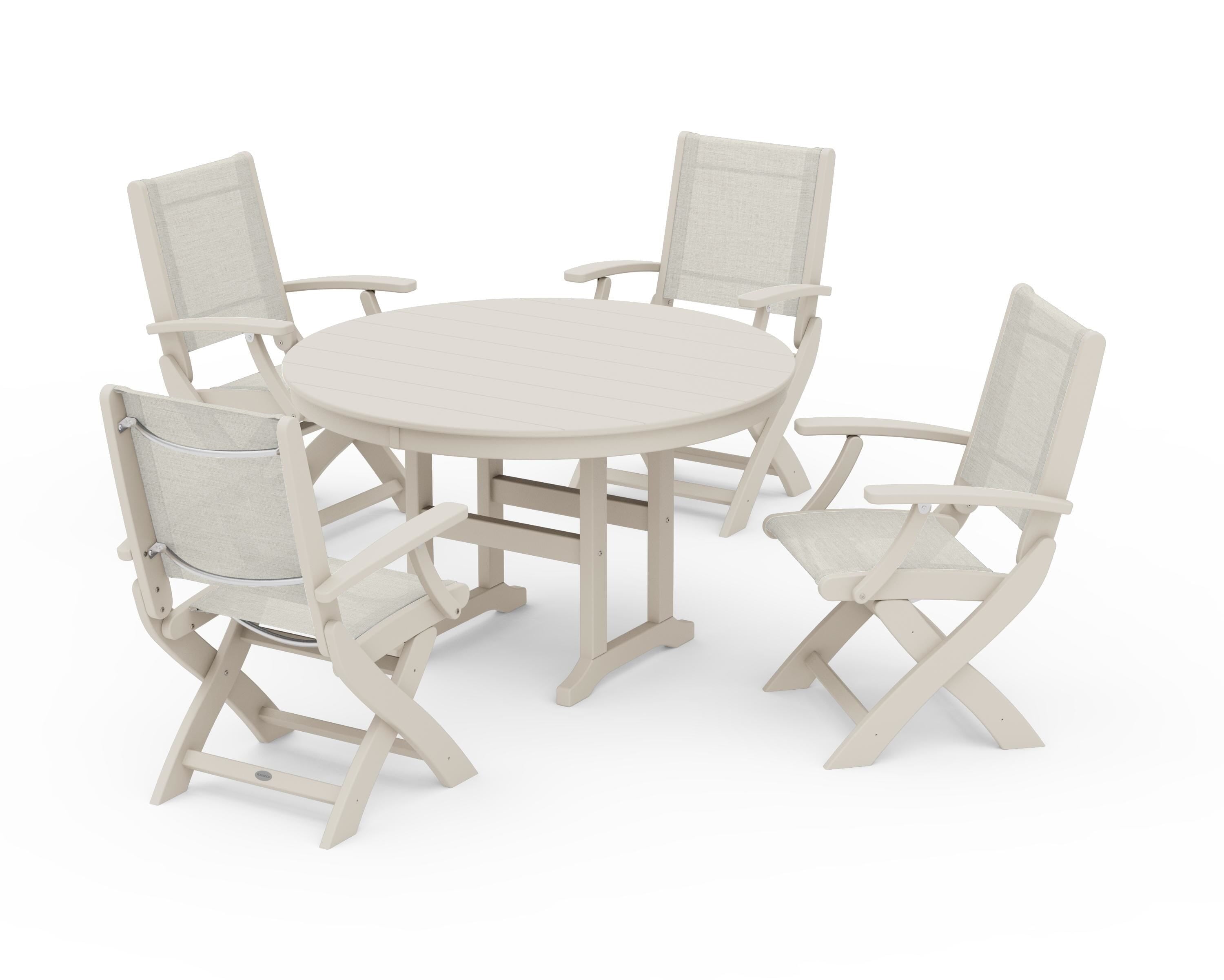 POLYWOOD Coastal Folding Chair 5-Piece Round Dining Set in Sand / Parchment Sling