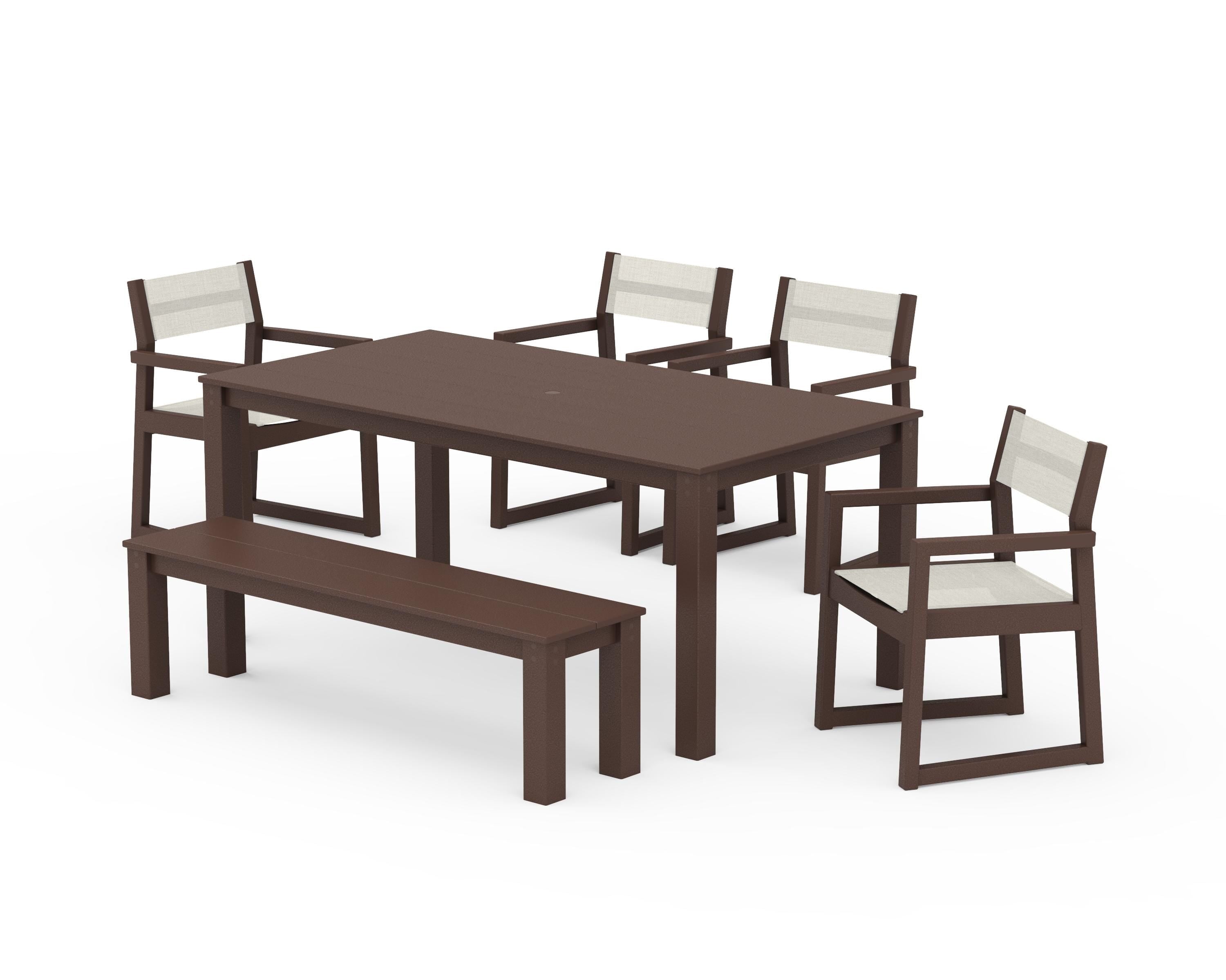 POLYWOOD EDGE Sling Arm Chair 6-Piece Parsons Dining Set with Bench in Mahogany / Parchment Sling