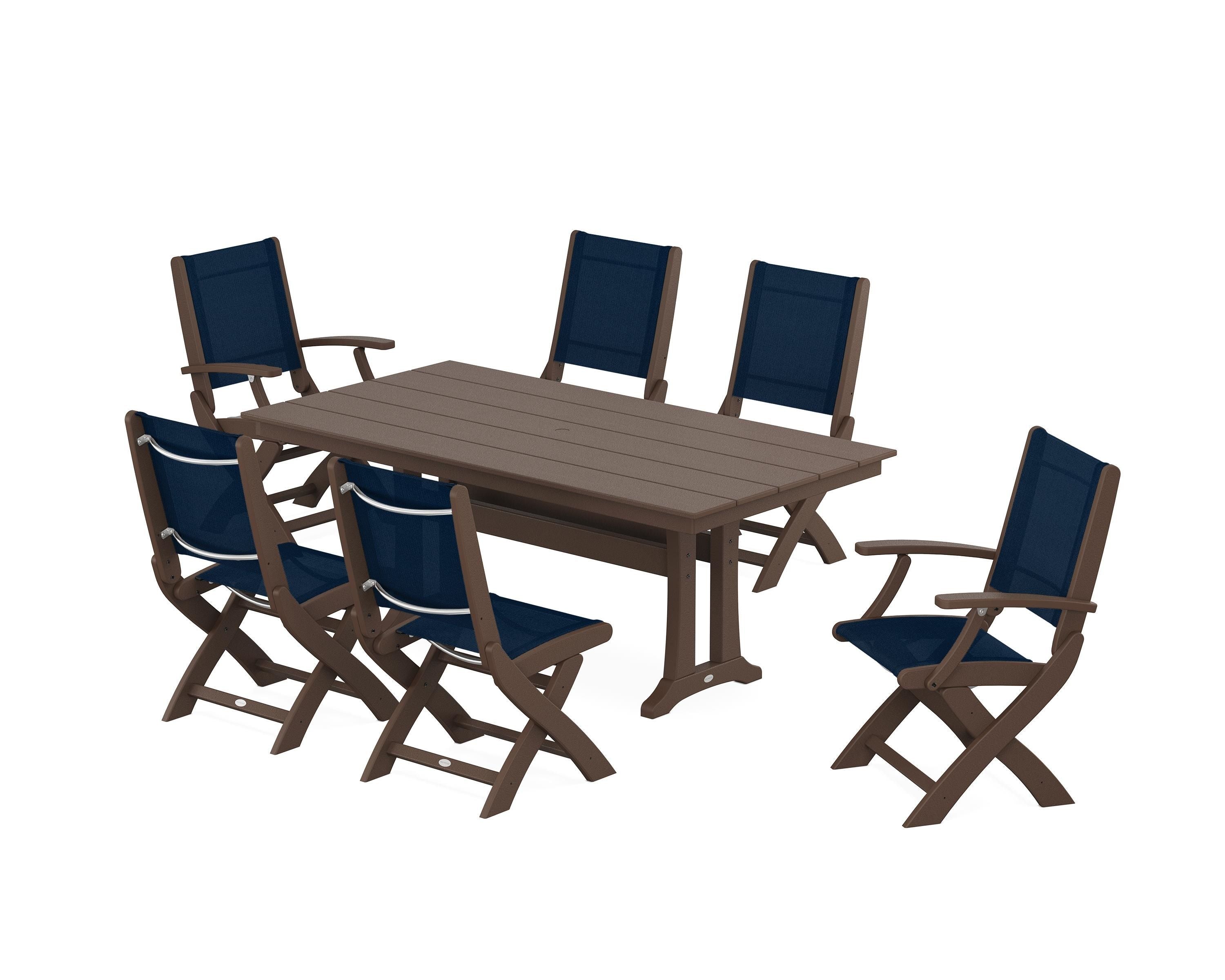 POLYWOOD Coastal Folding Chair 7-Piece Farmhouse Dining Set with Trestle Legs in Mahogany / Navy Blue Sling